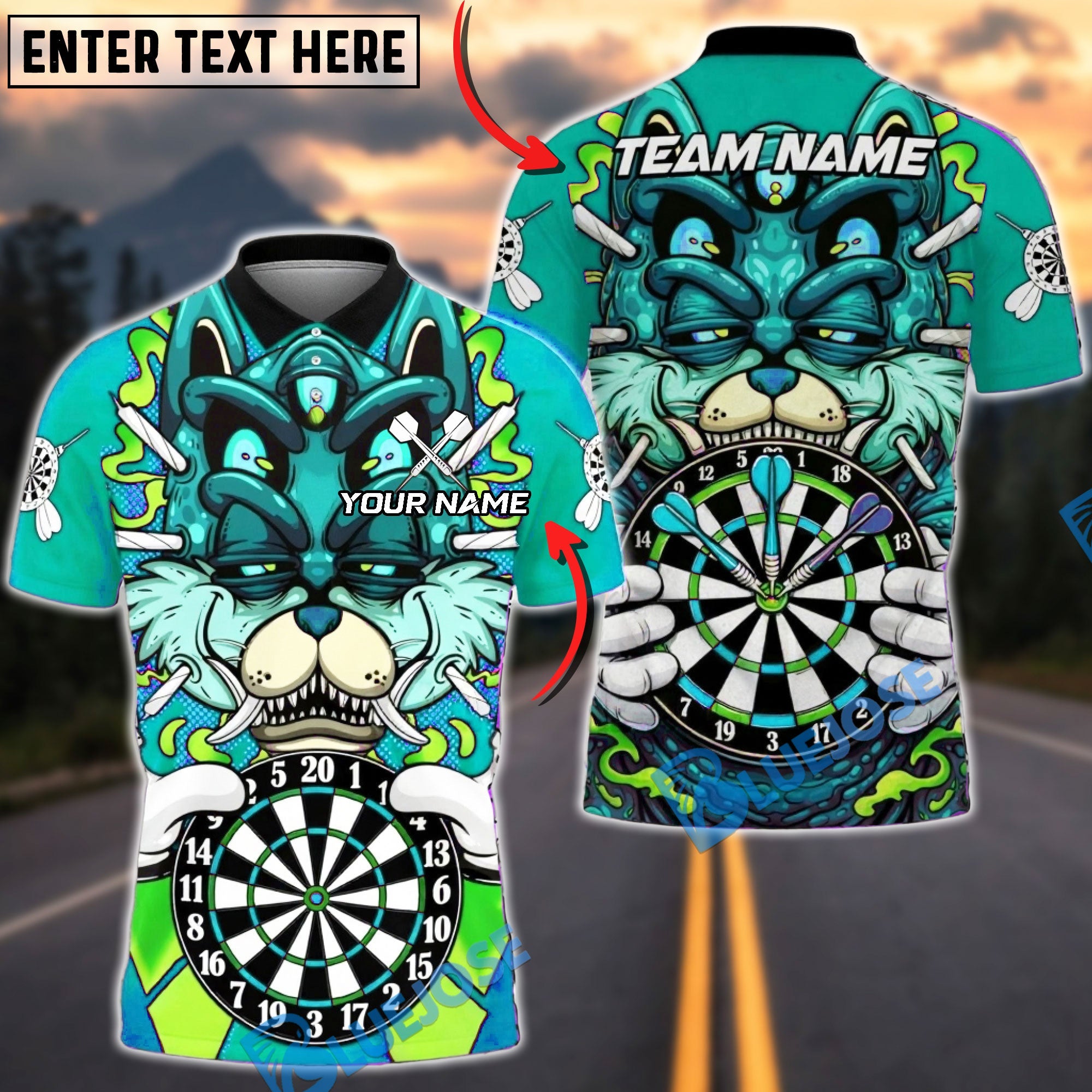 BlueJose Darts Monster Cat Board Graphic Multicolor Options Personalized Name Shirt (4 Colors)