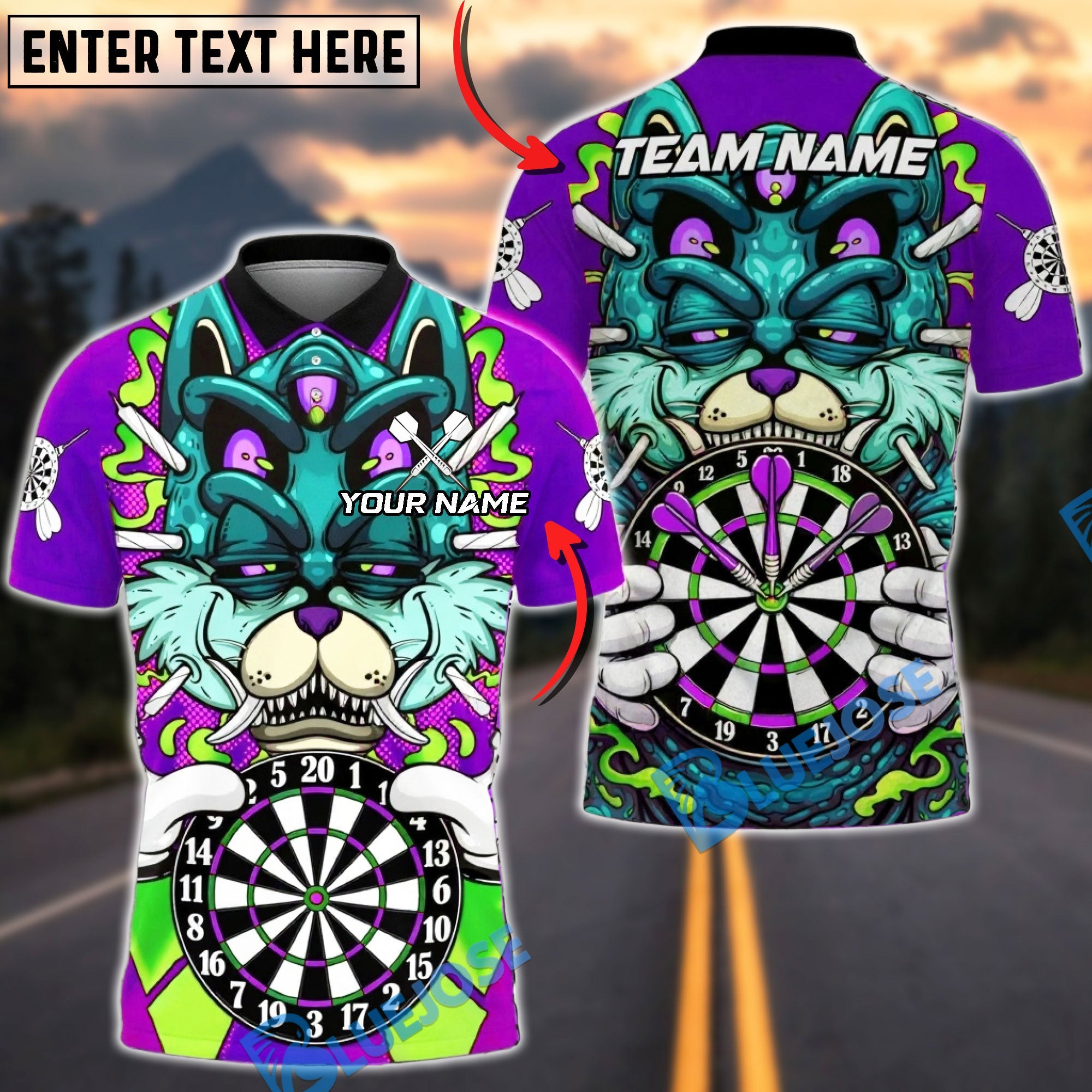 BlueJose Darts Monster Cat Board Graphic Multicolor Options Personalized Name Shirt (4 Colors)