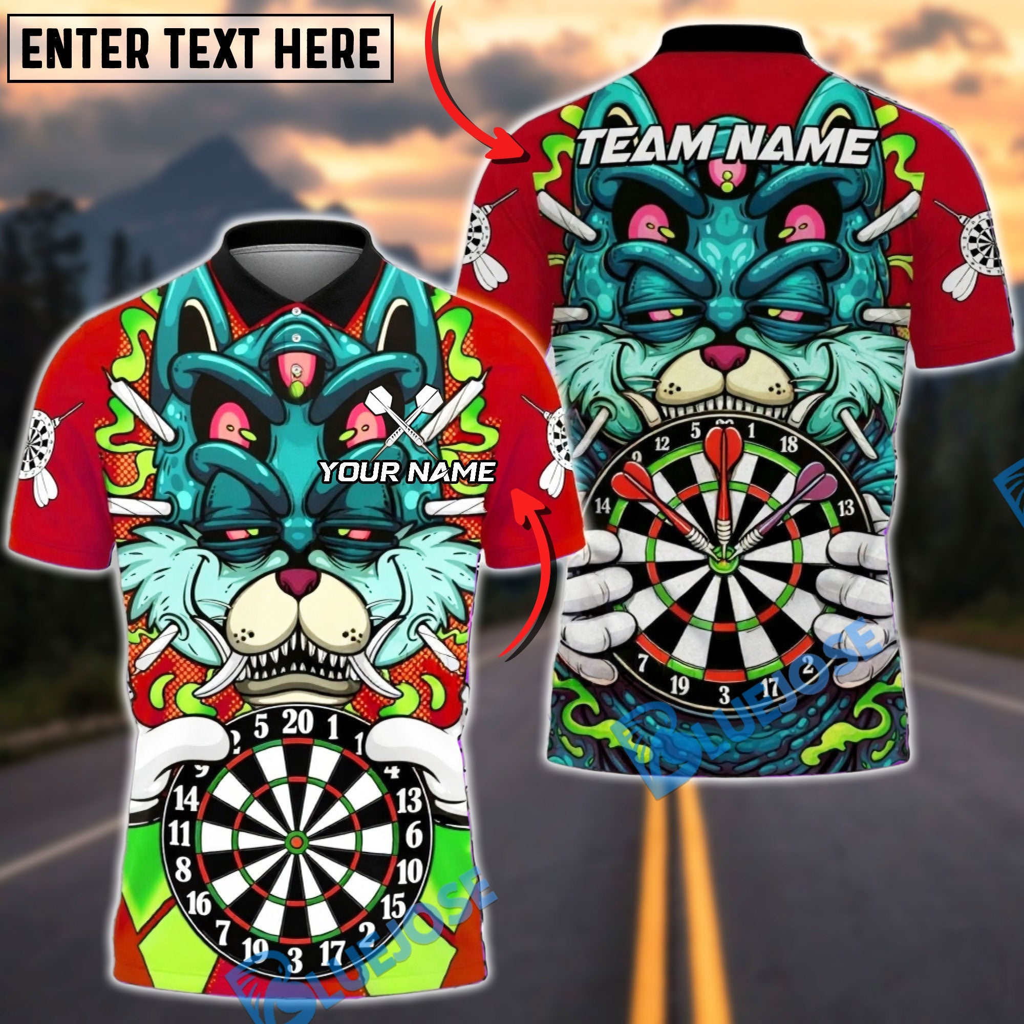 BlueJose Darts Monster Cat Board Graphic Multicolor Options Personalized Name Shirt (4 Colors)