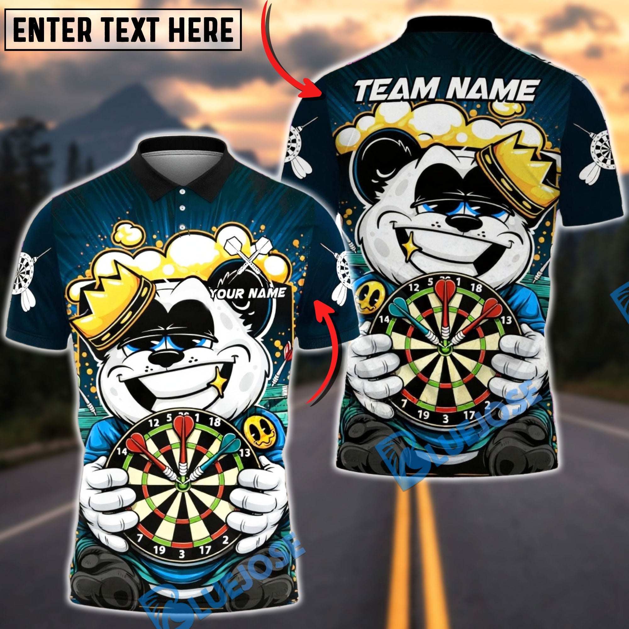 BlueJose Darts Panda King Champion Design Multicolor Options Personalized Name Shirt (4 Colors)
