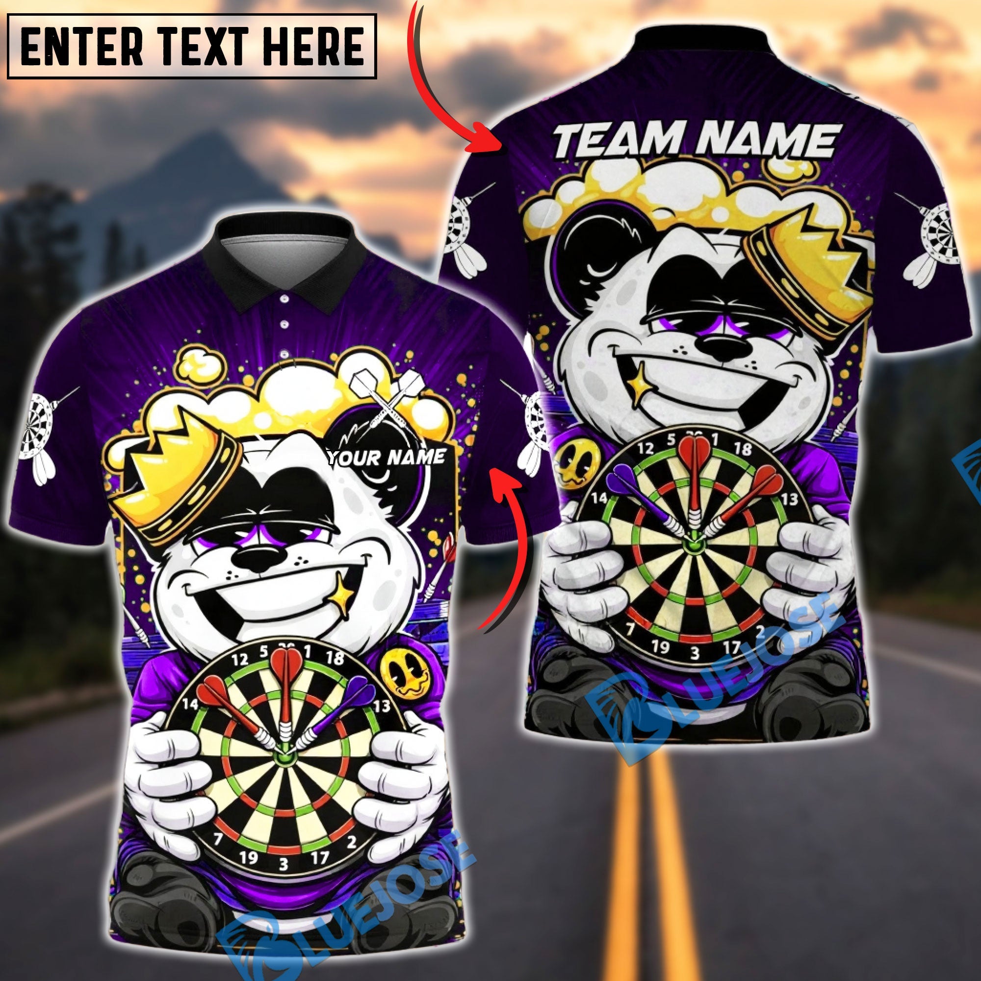 BlueJose Darts Panda King Champion Design Multicolor Options Personalized Name Shirt (4 Colors)