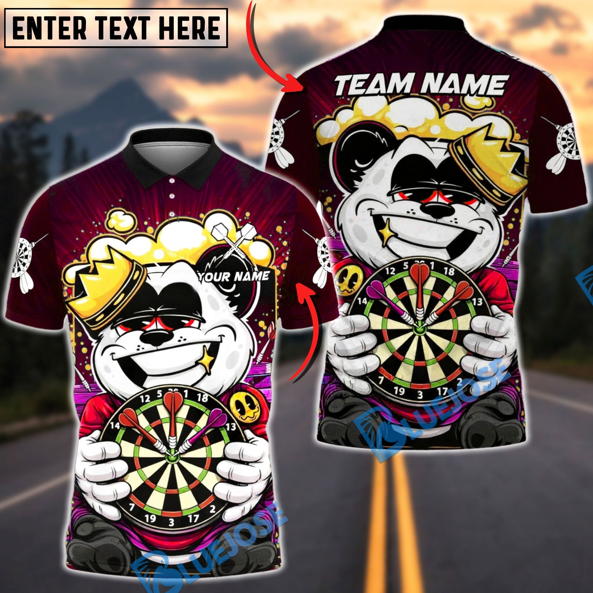 BlueJose Darts Panda King Champion Design Multicolor Options Personalized Name Shirt (4 Colors)