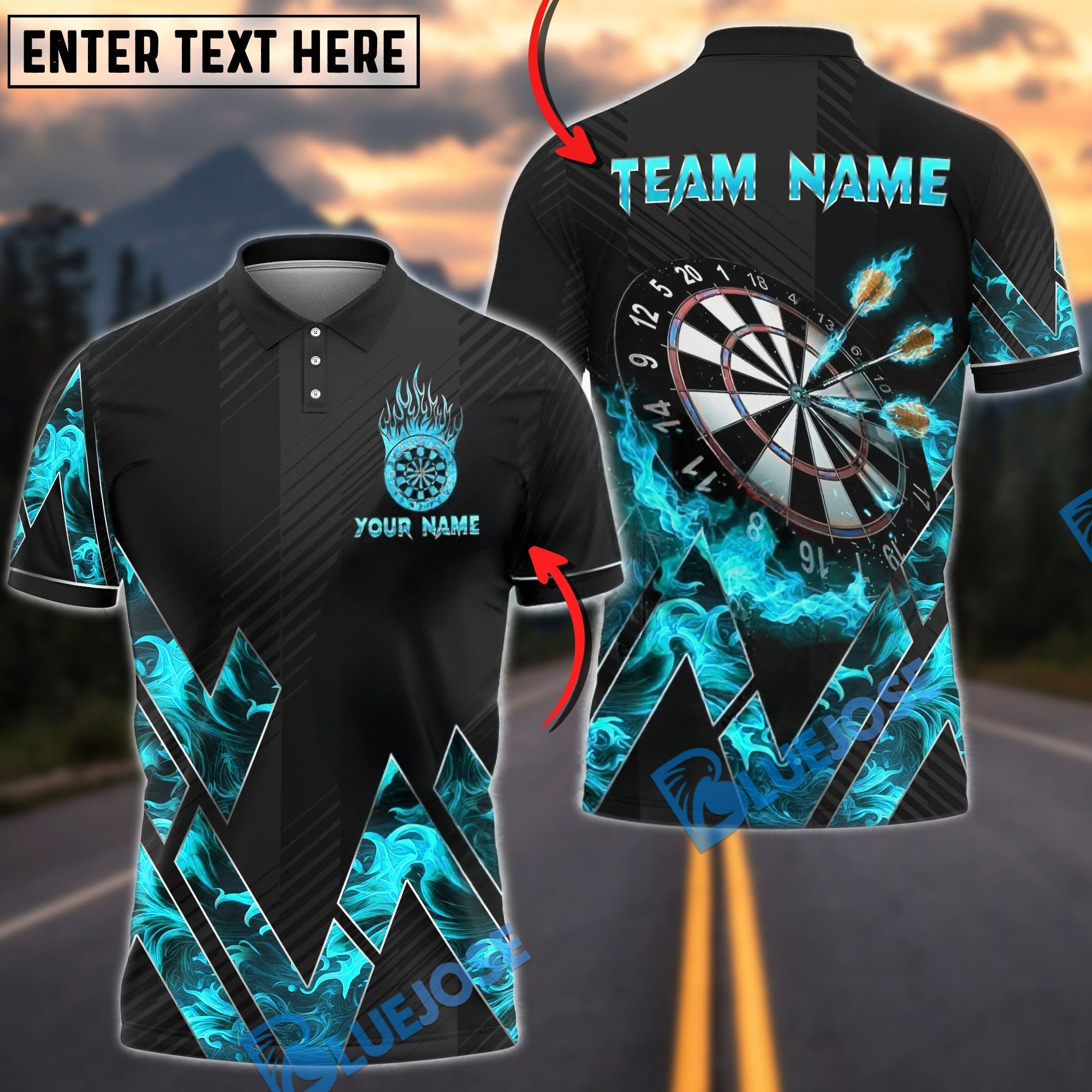 BlueJose Darts Fire Graphic Flame Design Personalized Name, Team Name Unisex Shirt (4 Colors)