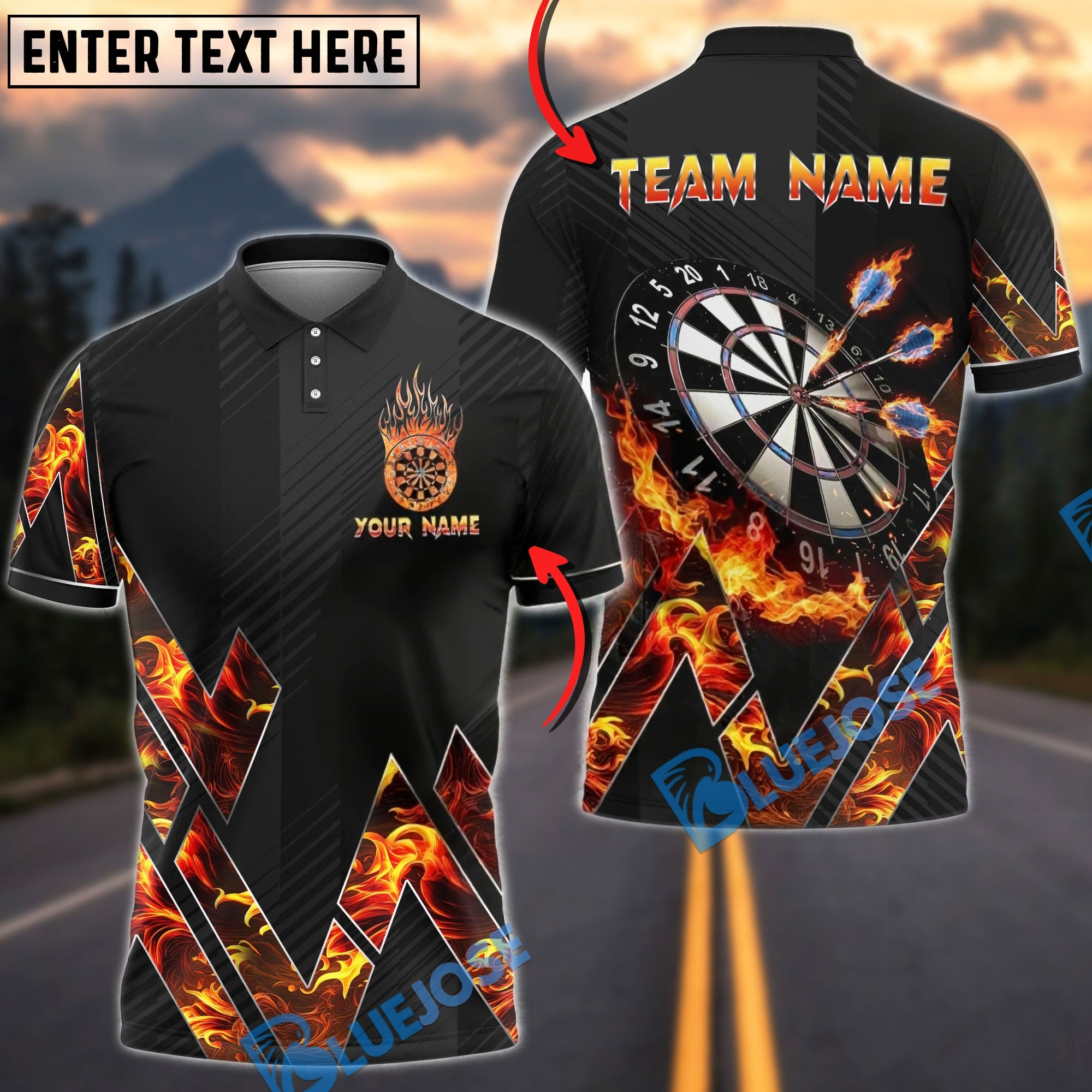 BlueJose Darts Fire Graphic Flame Design Personalized Name, Team Name Unisex Shirt (4 Colors)