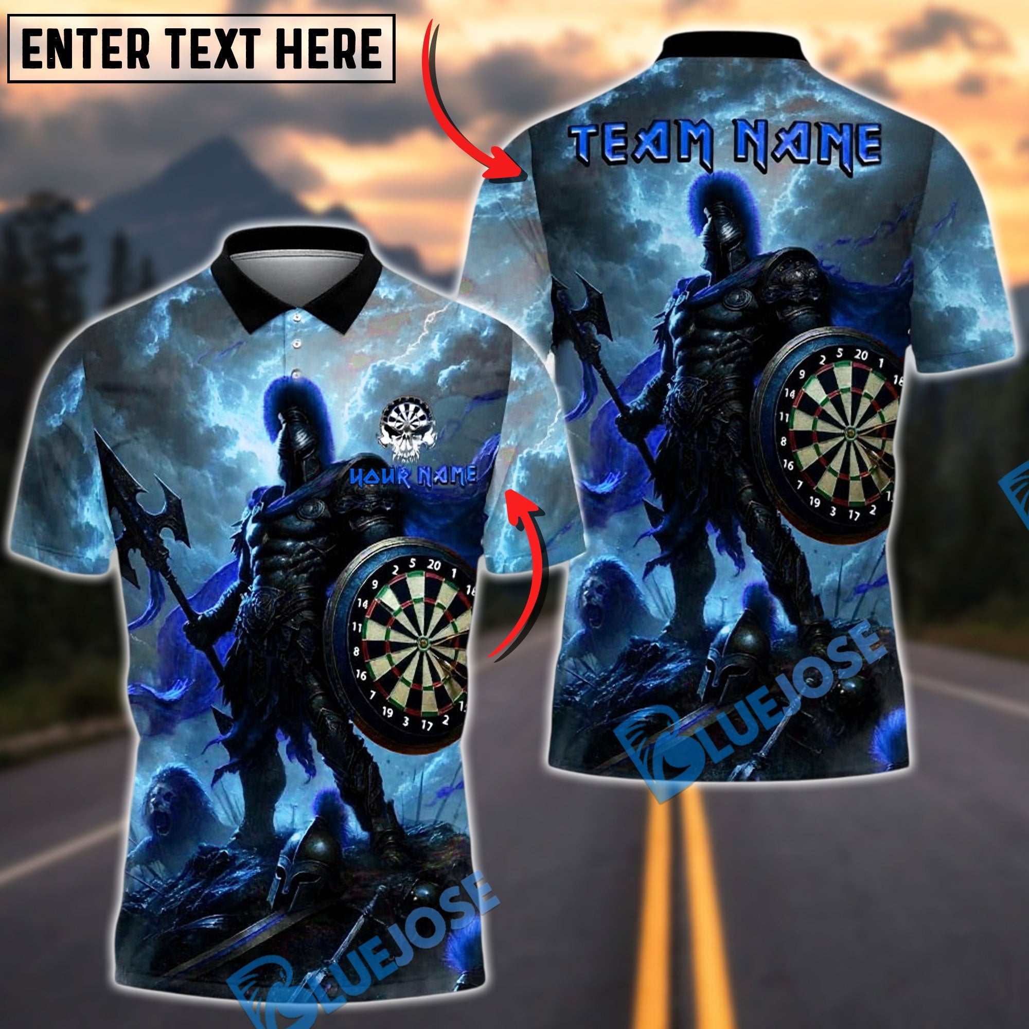 BlueJose Darts Warrior Spartan Dartboard Armor Personalized Name, Team Name Unisex Shirt (4 Colors)
