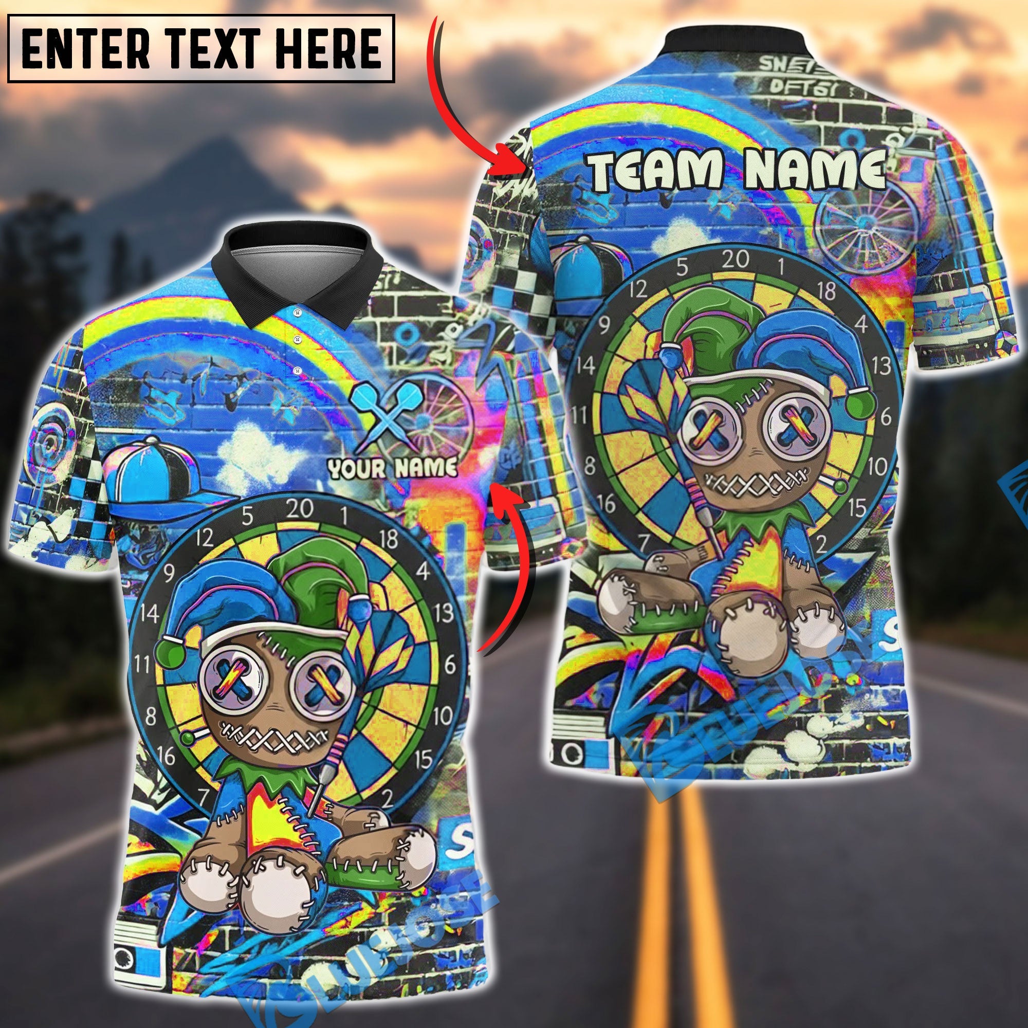 BlueJose Darts Voodoo Doll Rainbow Graffiti Street Art Multicolor Options Personalized Name Shirt (4 Colors)