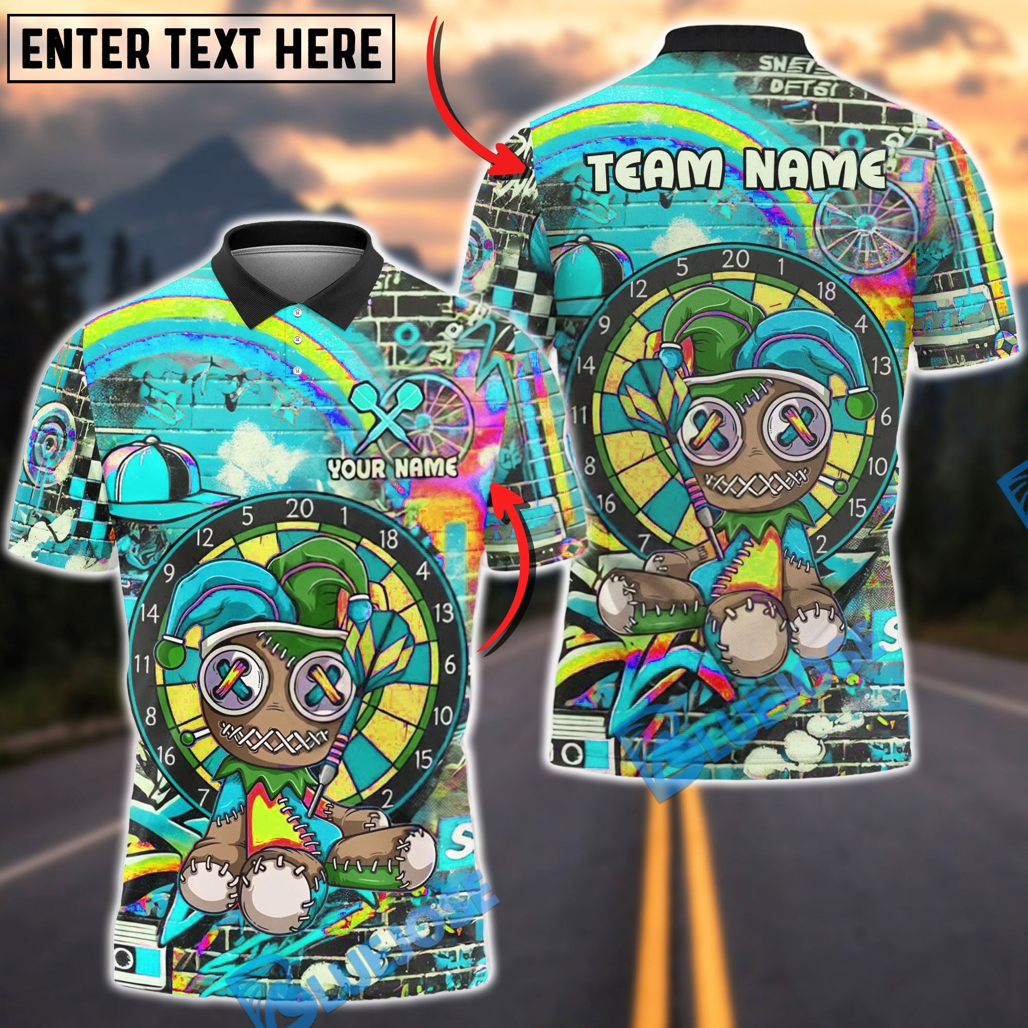 BlueJose Darts Voodoo Doll Rainbow Graffiti Street Art Multicolor Options Personalized Name Shirt (4 Colors)