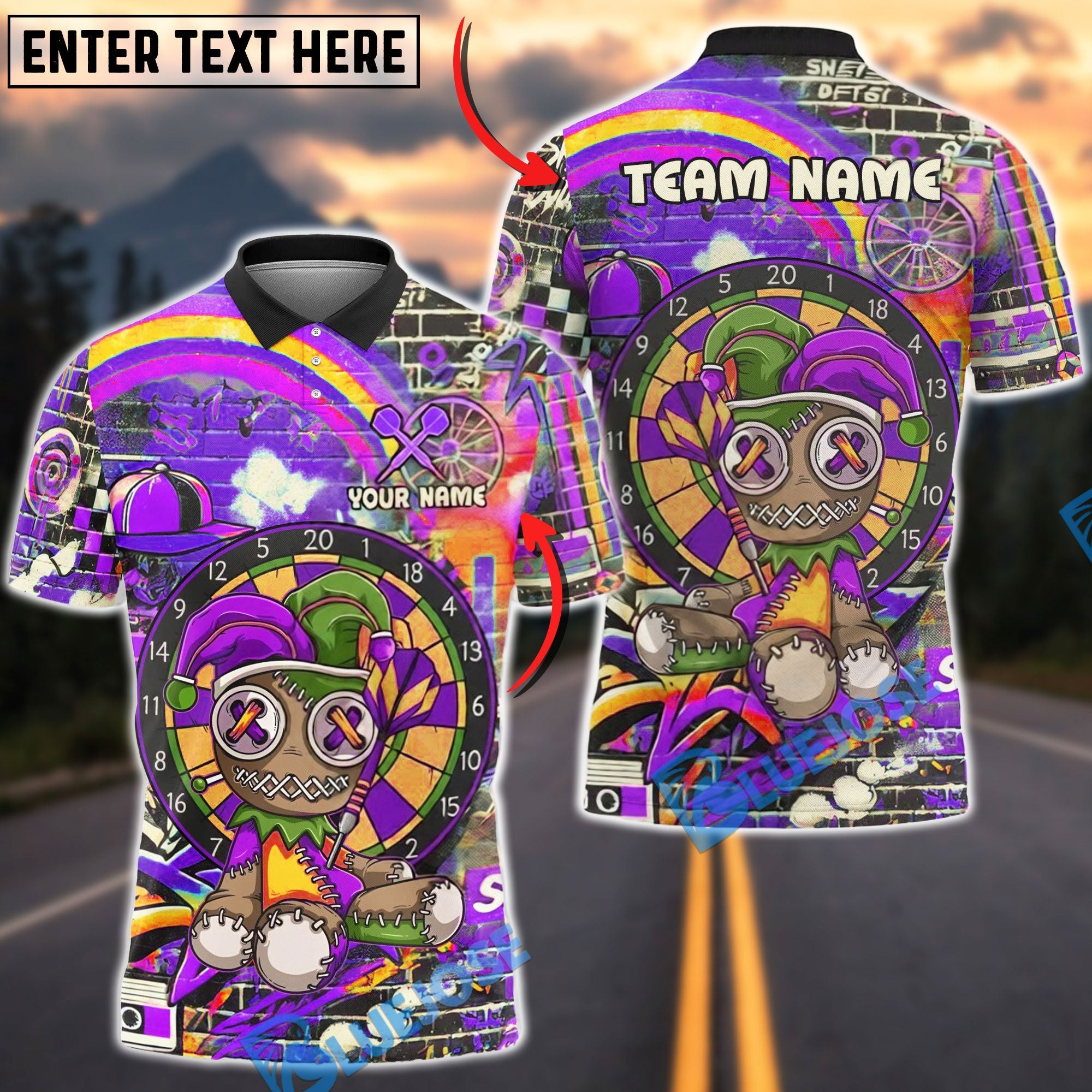 BlueJose Darts Voodoo Doll Rainbow Graffiti Street Art Multicolor Options Personalized Name Shirt (4 Colors)
