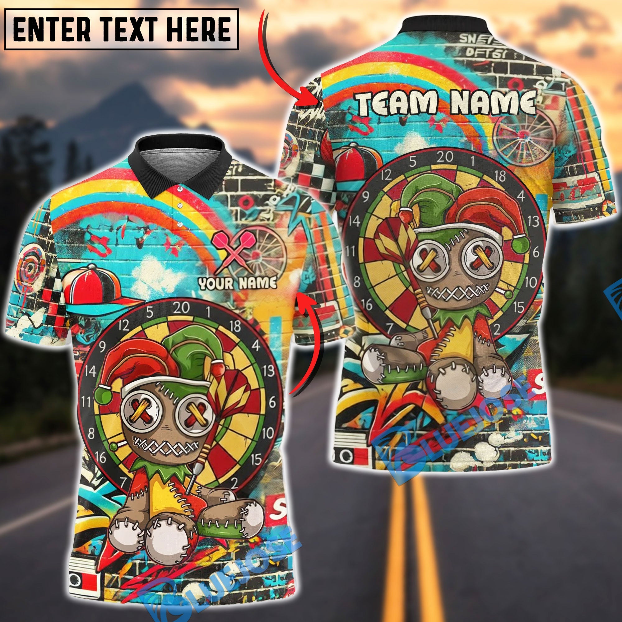 BlueJose Darts Voodoo Doll Rainbow Graffiti Street Art Multicolor Options Personalized Name Shirt (4 Colors)