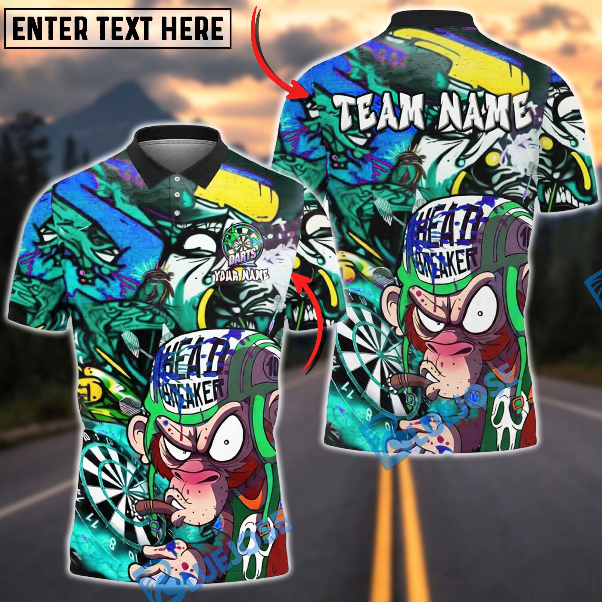 BlueJose Darts Angry Monkey Comic Graffiti Street Style Multicolor Options Personalized Name Shirt (4 Colors)