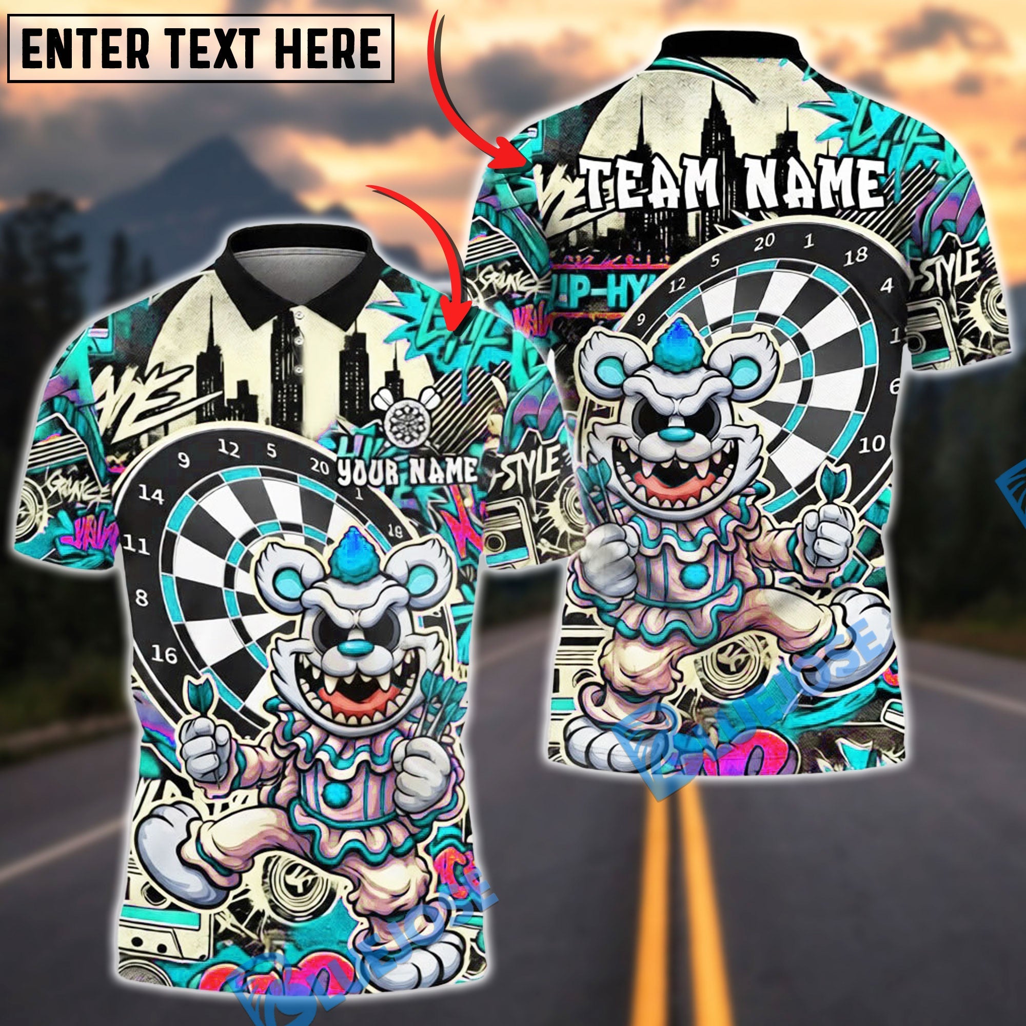 BlueJose Darts Clown Urban Graffiti Art Multicolor Options Personalized Name Shirt (4 Colors)