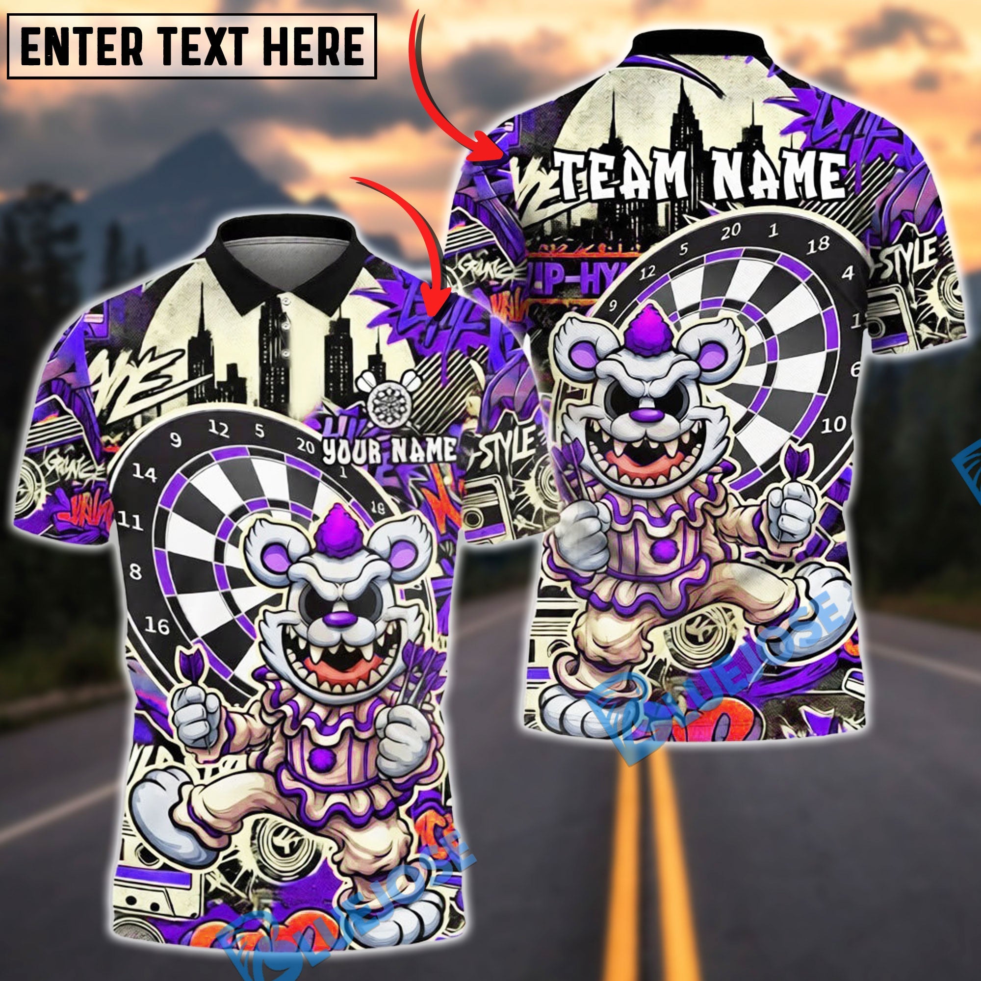 BlueJose Darts Clown Urban Graffiti Art Multicolor Options Personalized Name Shirt (4 Colors)