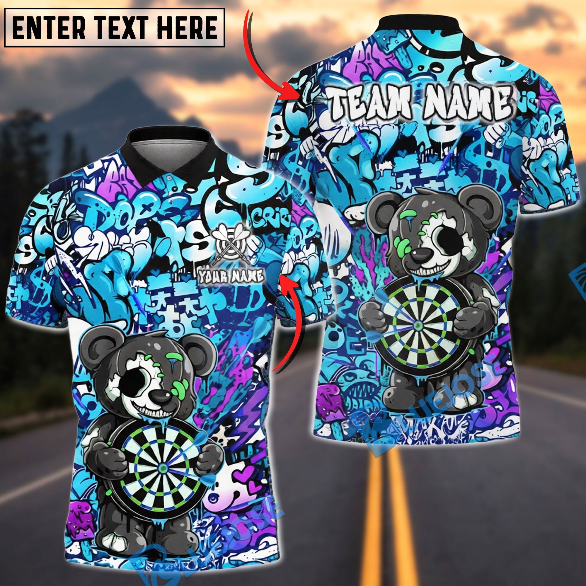BlueJose Darts Zombie Bear Dark Graffiti Horror Art Multicolor Options Personalized Name Shirt (4 Colors)