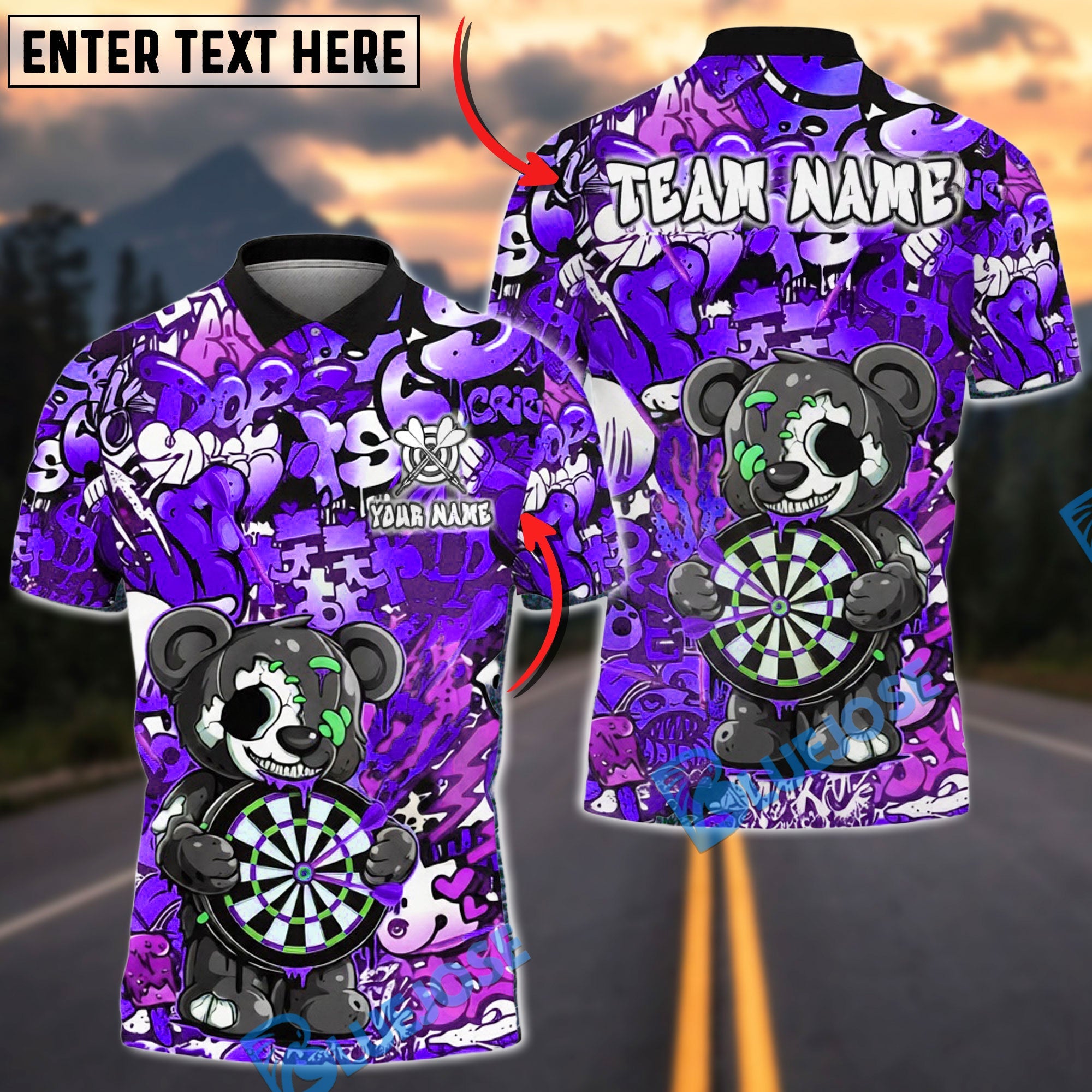 BlueJose Darts Zombie Bear Dark Graffiti Horror Art Multicolor Options Personalized Name Shirt (4 Colors)