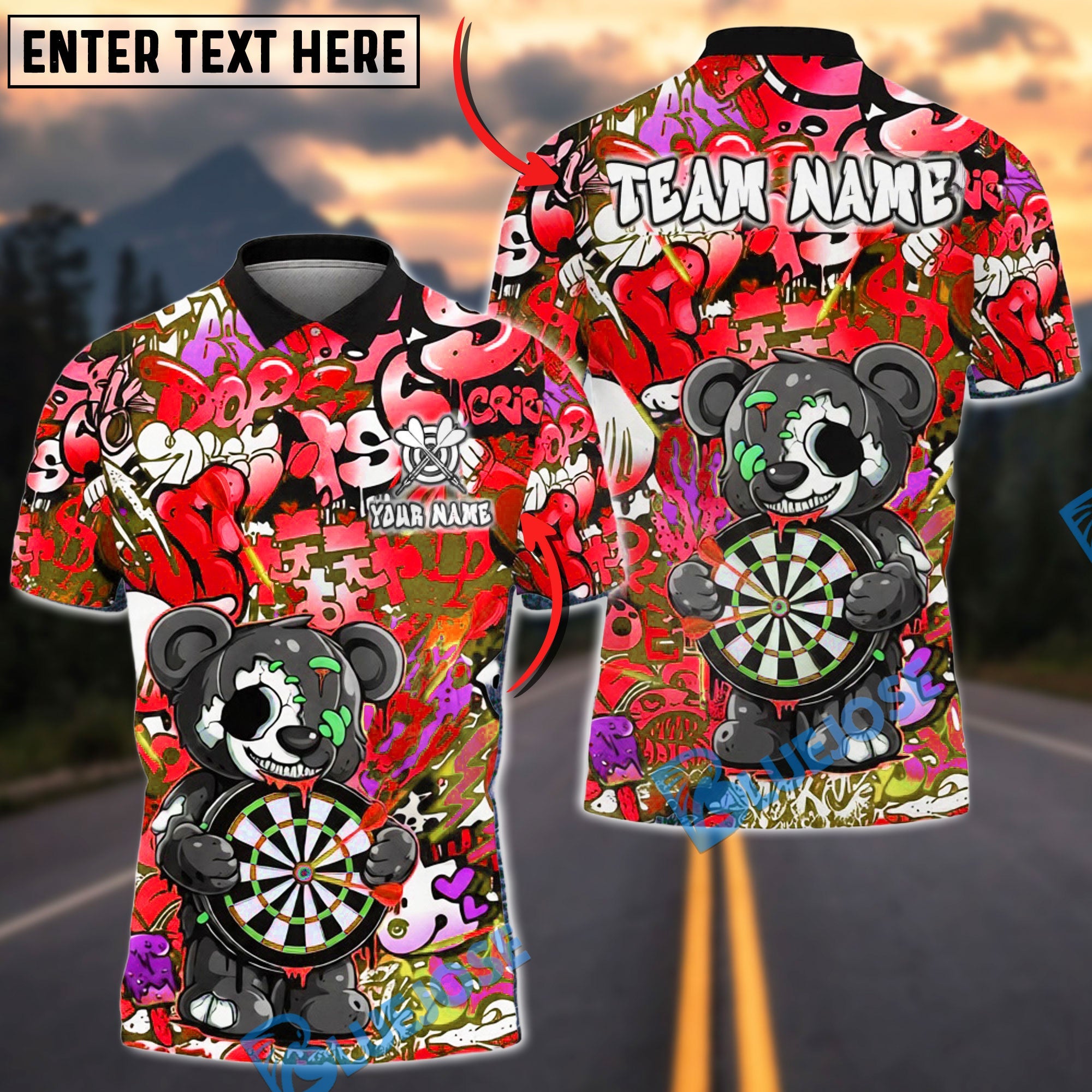 BlueJose Darts Zombie Bear Dark Graffiti Horror Art Multicolor Options Personalized Name Shirt (4 Colors)