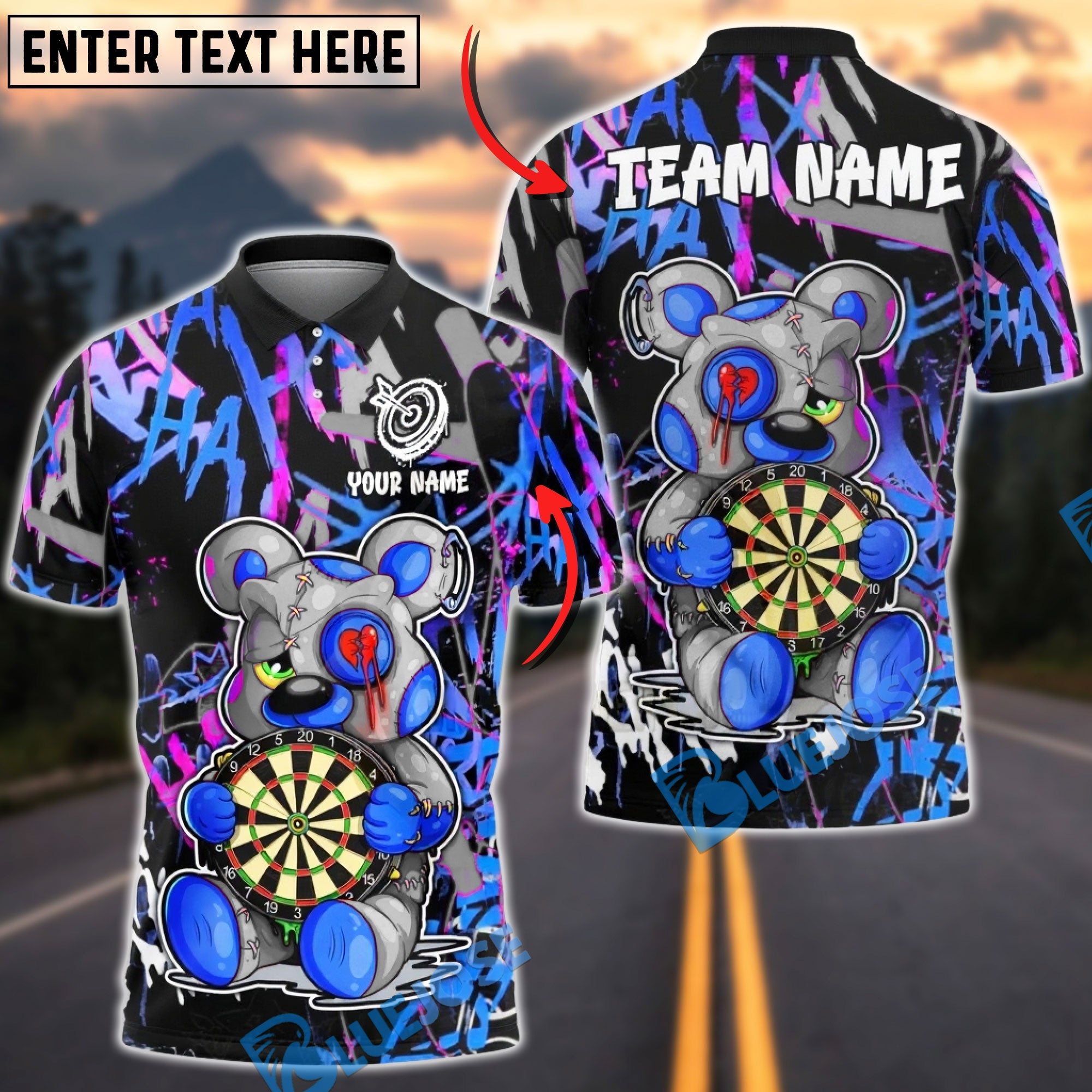 BlueJose Darts Bear Graffiti Heart Breaker Art Multicolor Options Personalized Name Shirt (6 Colors)