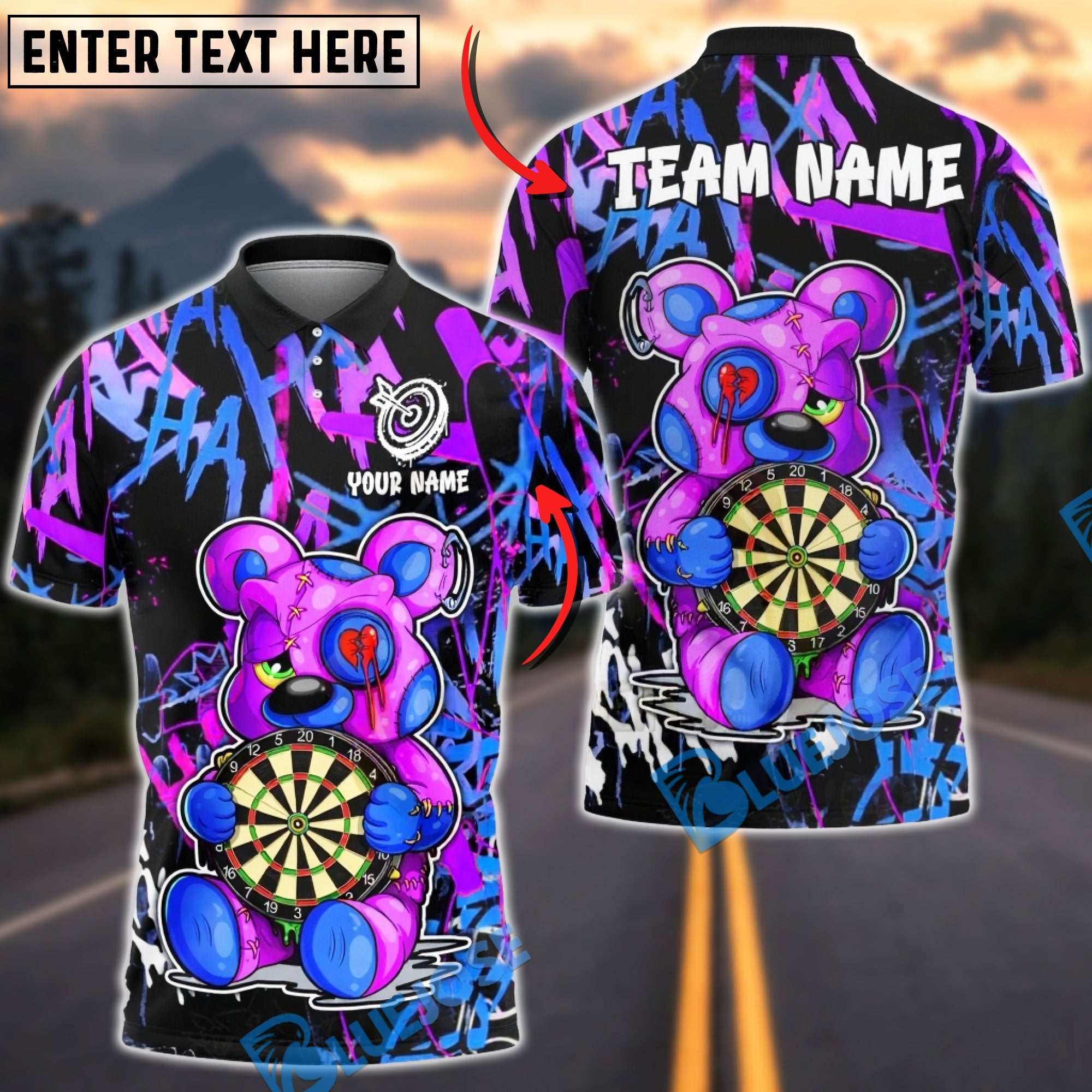 BlueJose Darts Bear Graffiti Heart Breaker Art Multicolor Options Personalized Name Shirt (6 Colors)