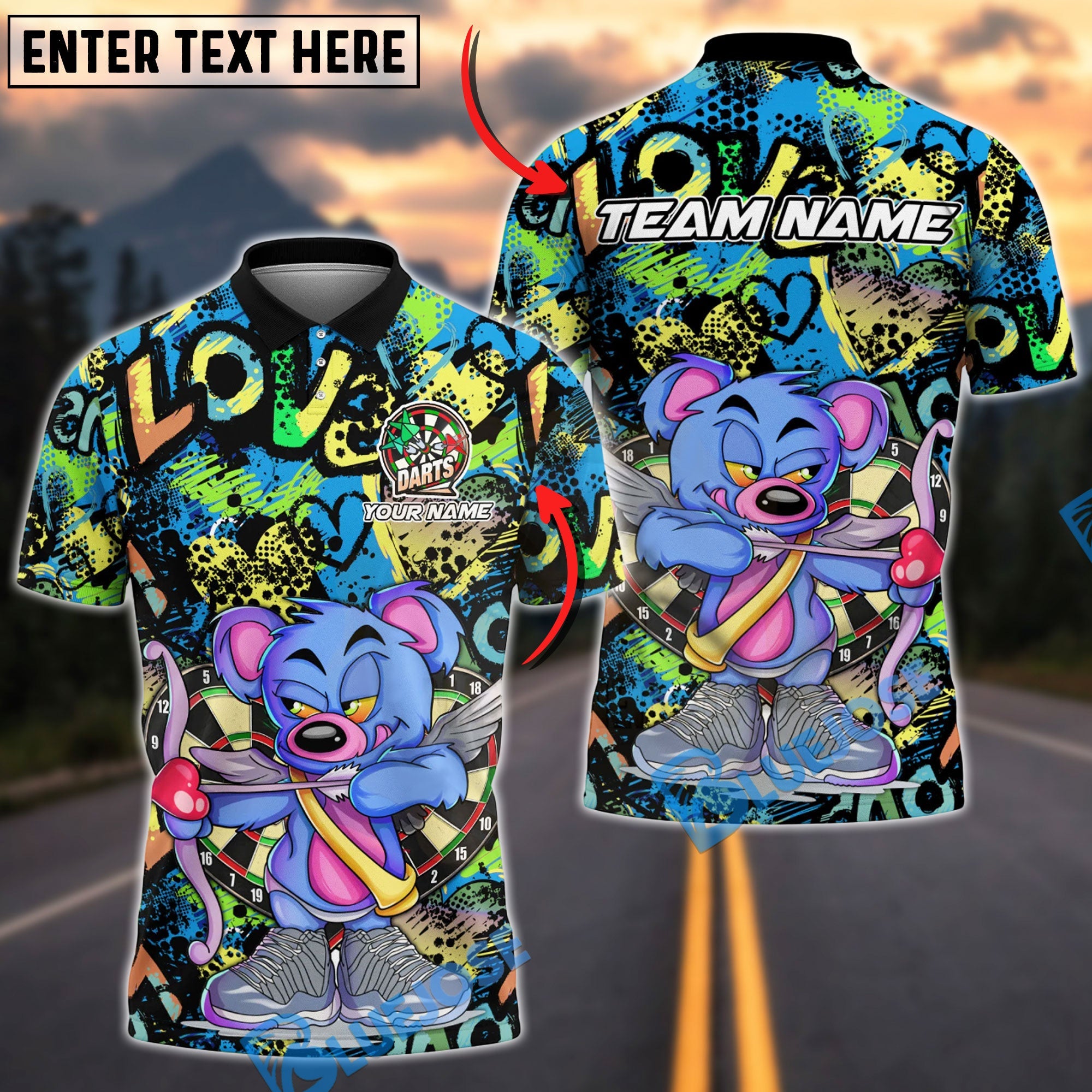 BlueJose Darts Bear Archer Graffiti Love Theme Multicolor Options Personalized Name Shirt (4 Colors)