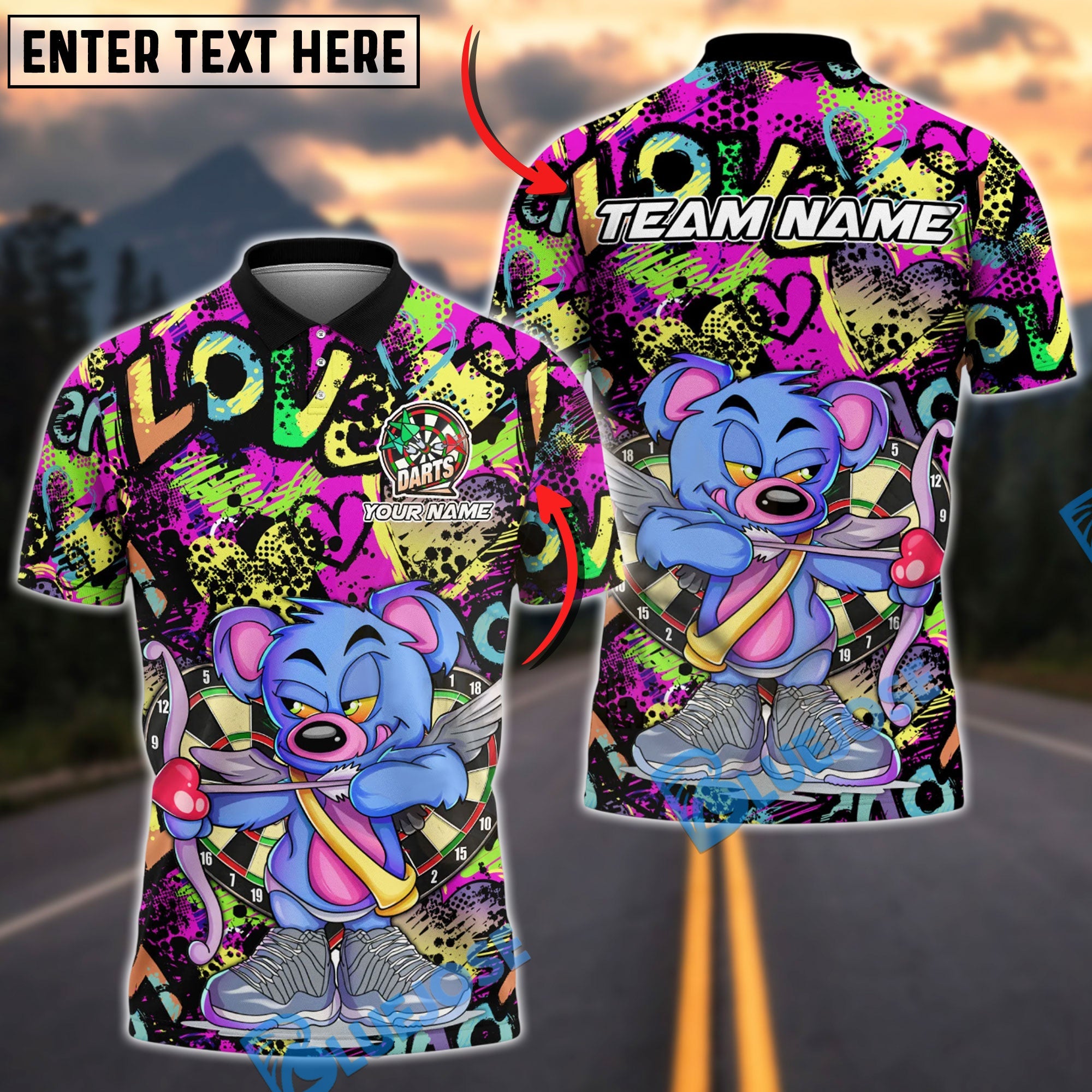 BlueJose Darts Bear Archer Graffiti Love Theme Multicolor Options Personalized Name Shirt (4 Colors)