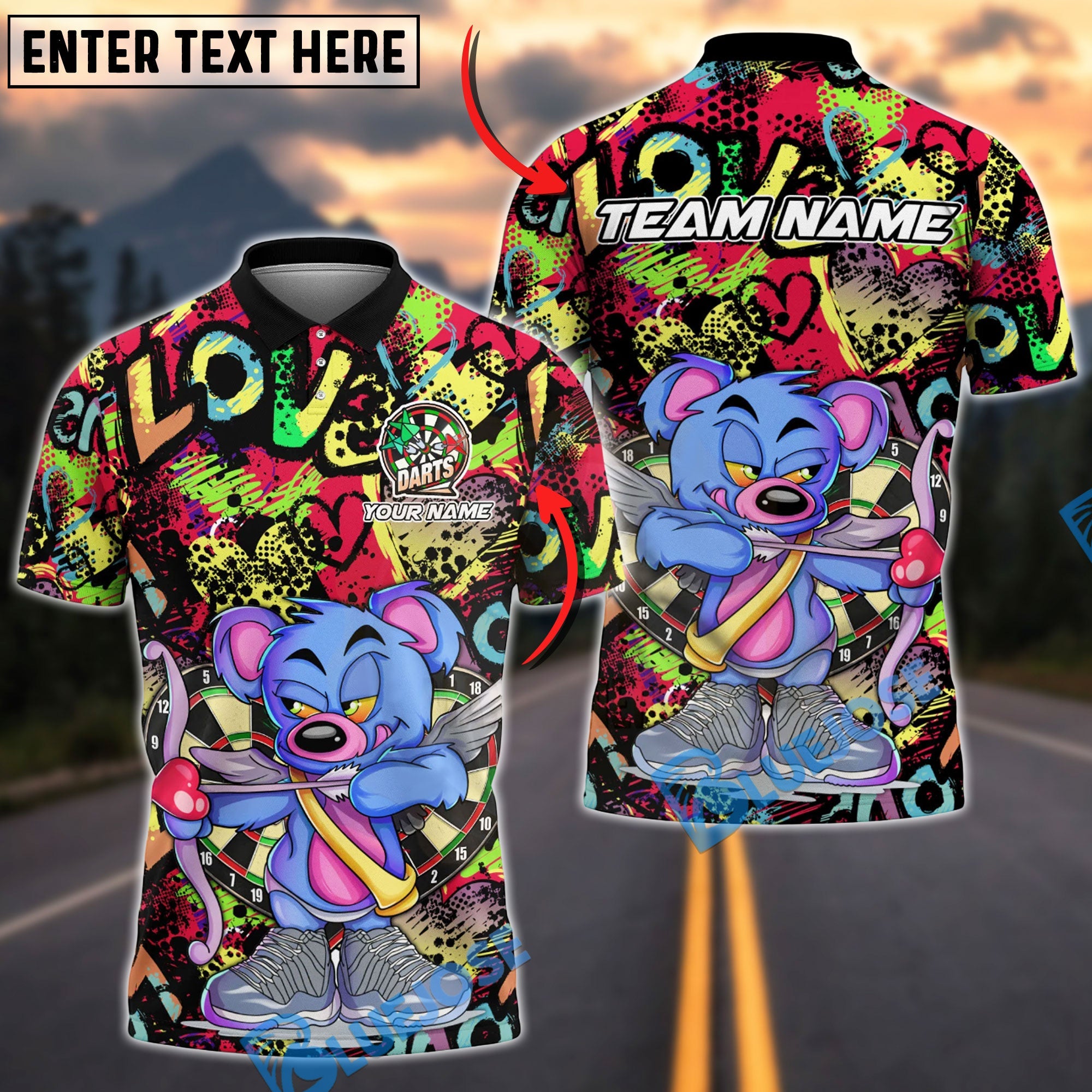 BlueJose Darts Bear Archer Graffiti Love Theme Multicolor Options Personalized Name Shirt (4 Colors)