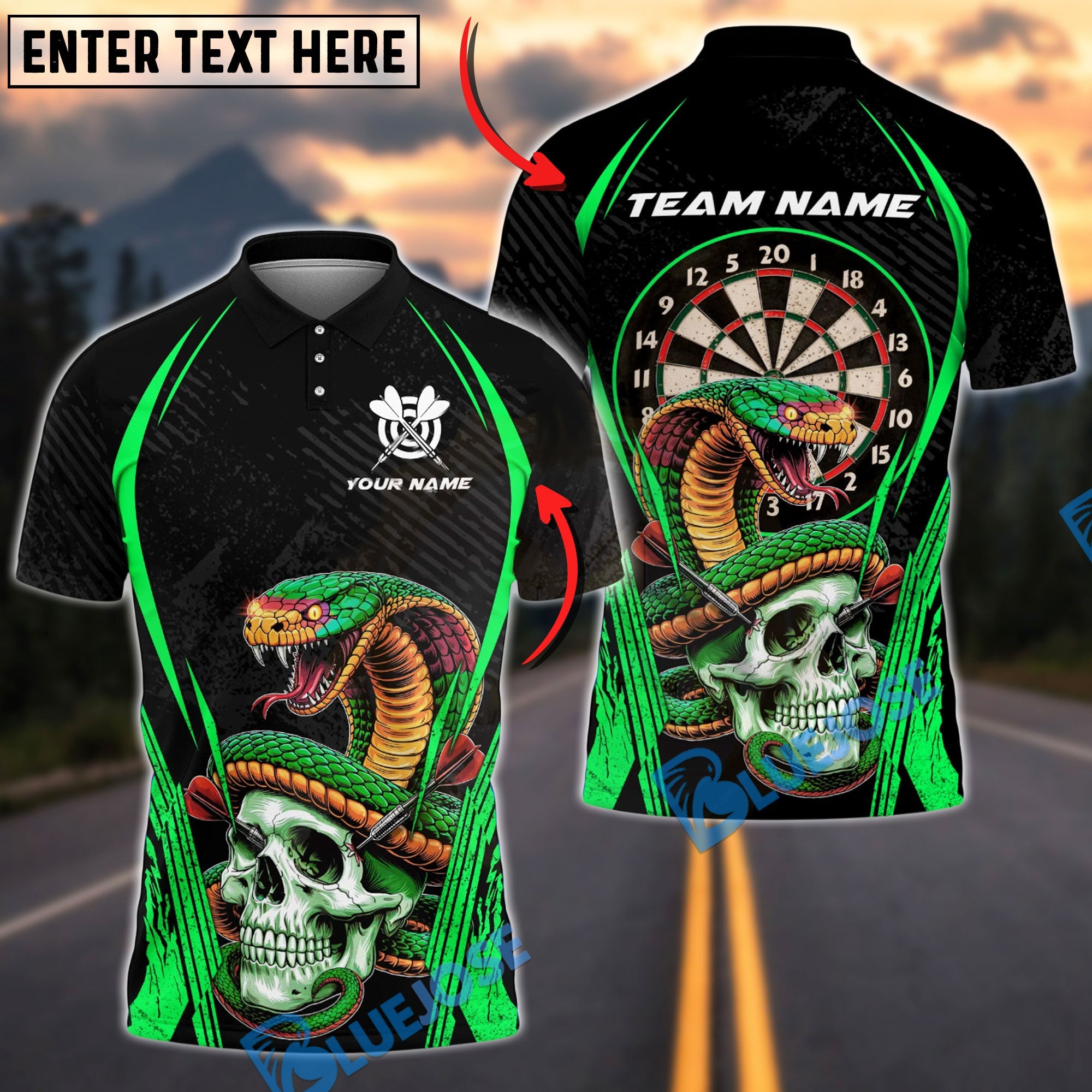 BlueJose Darts Snake Skull Dark Warrior Multicolor Options Personalized Name Shirt (4 Colors)