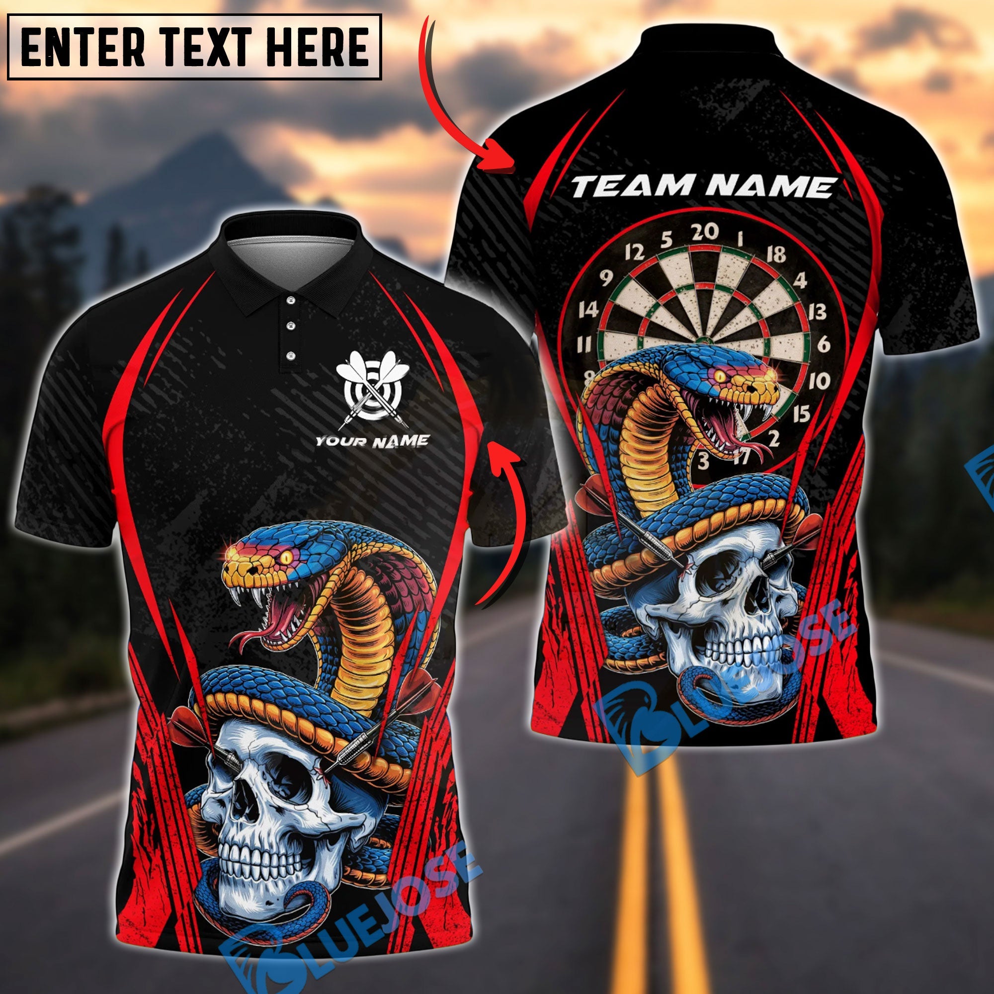 BlueJose Darts Snake Skull Dark Warrior Multicolor Options Personalized Name Shirt (4 Colors)