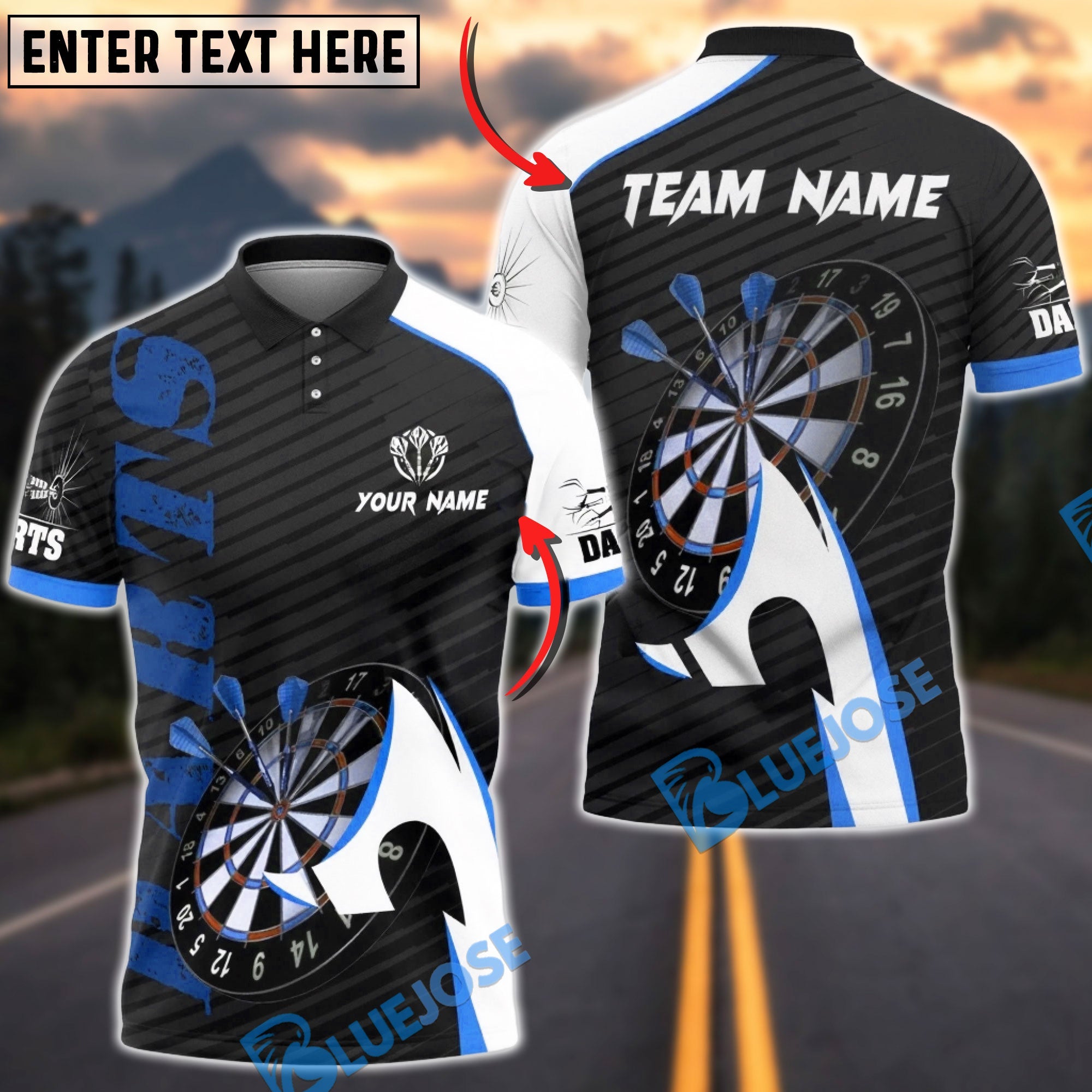 BlueJose Darts Sport Arrow Motion Design Multicolor Options Personalized Name Shirt (4 Colors)