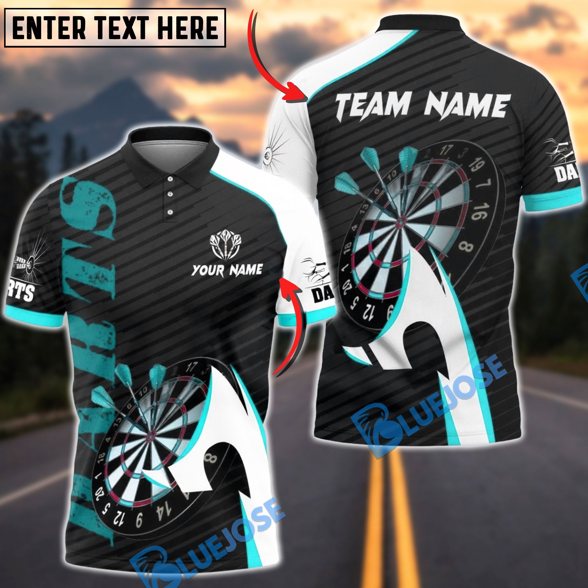 BlueJose Darts Sport Arrow Motion Design Multicolor Options Personalized Name Shirt (4 Colors)