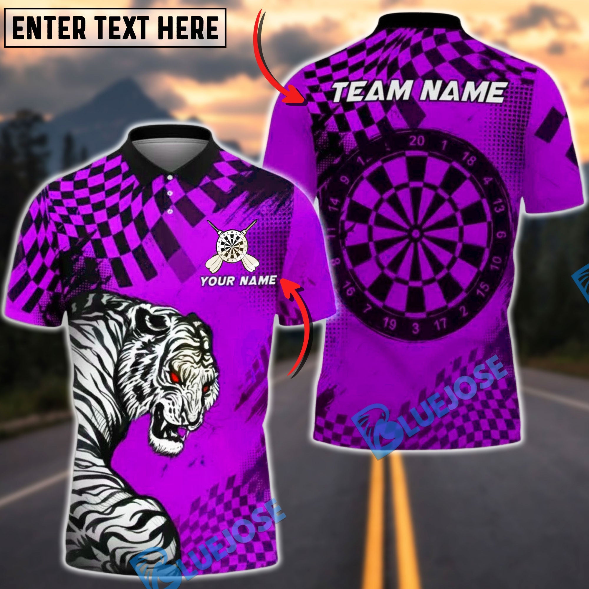 BlueJose Darts White Tiger Checkered Pattern Multicolor Options Personalized Name Shirt (4 Colors)