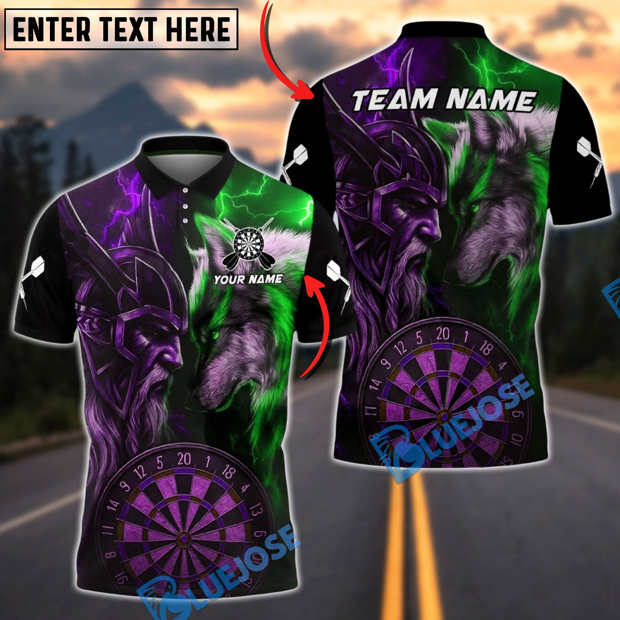 BlueJose Darts Viking Odin Wolf Lightning Clash Multicolor Options Personalized Name Shirt (4 Colors)