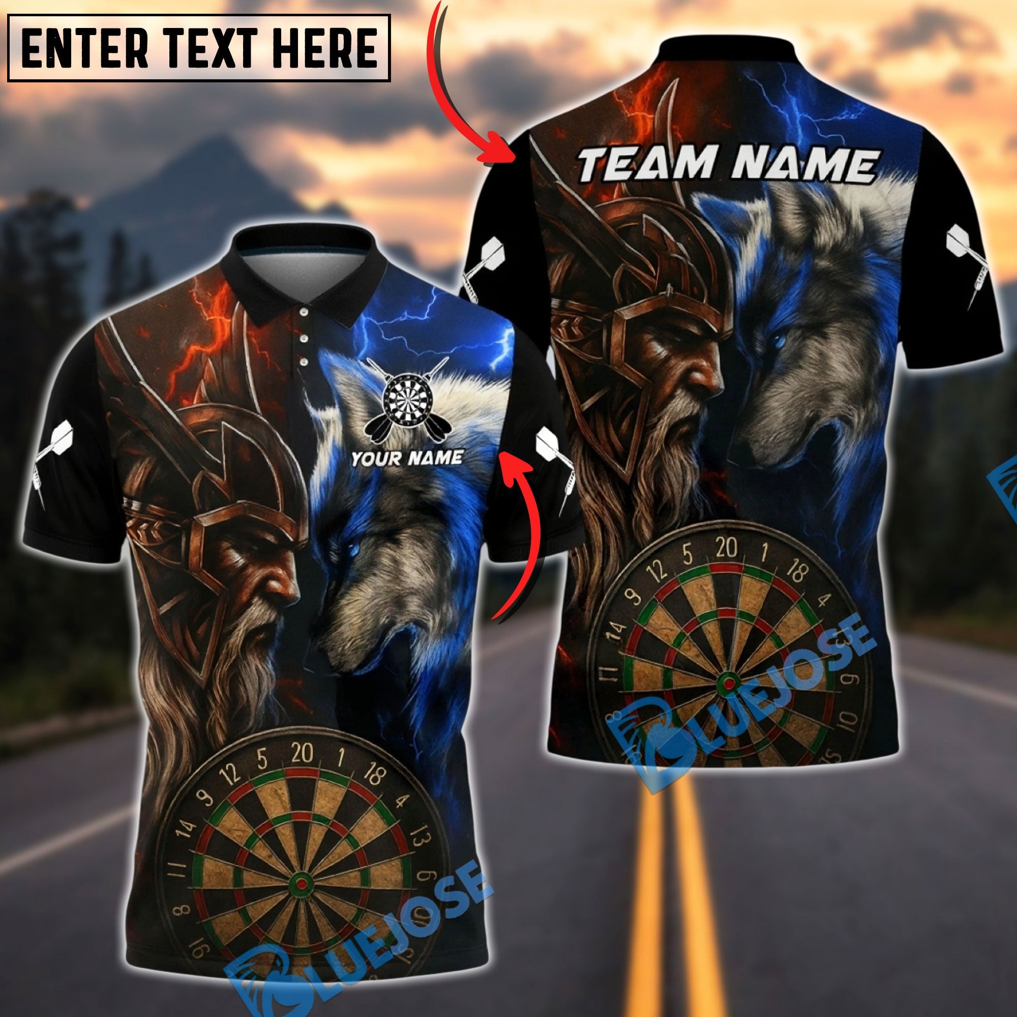 BlueJose Darts Viking Odin Wolf Lightning Clash Multicolor Options Personalized Name Shirt (4 Colors)