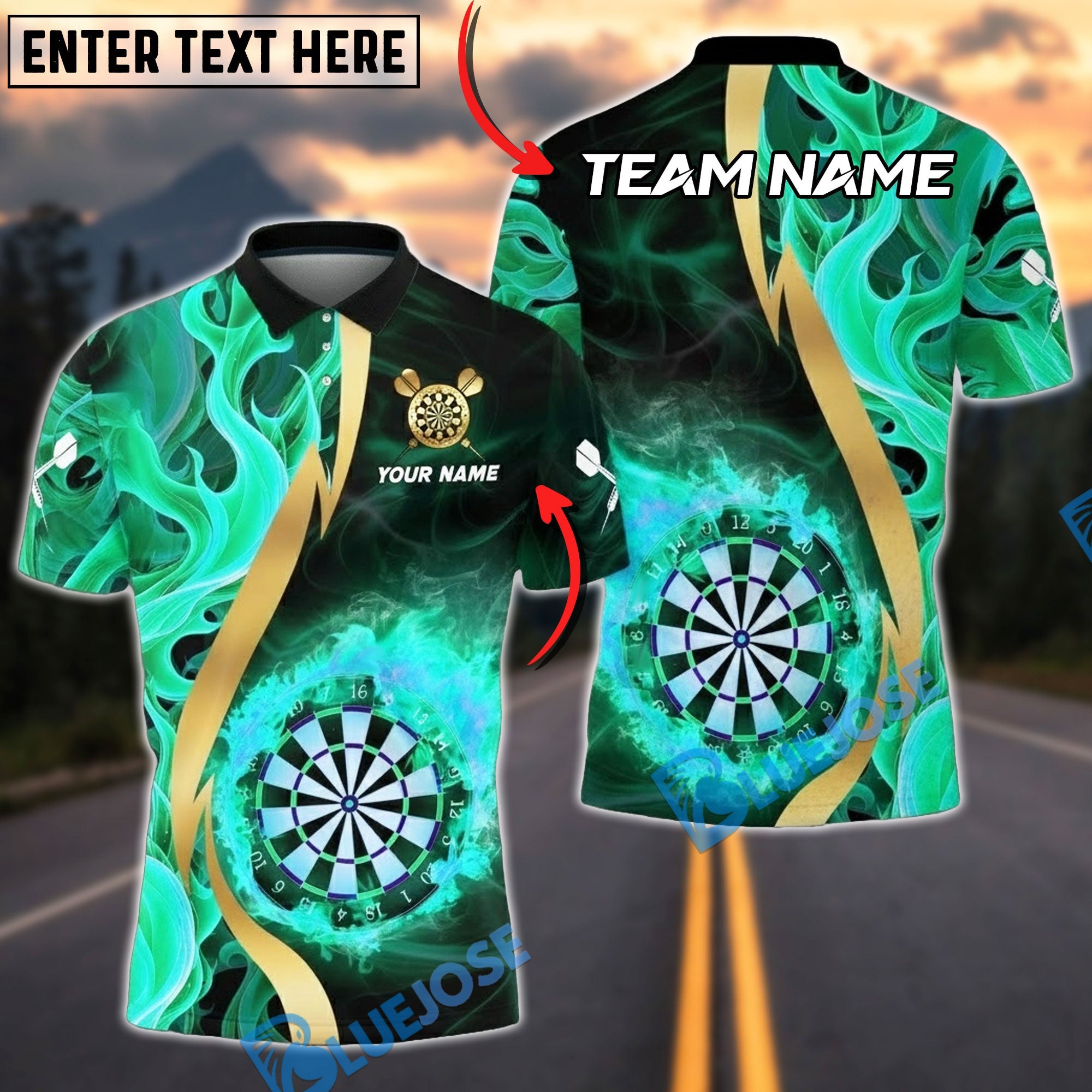 BlueJose Darts Flaming Dartboard Shirt Fire Burst Golden Streak Multicolor Options Personalized Name Shirt (4 Colors)