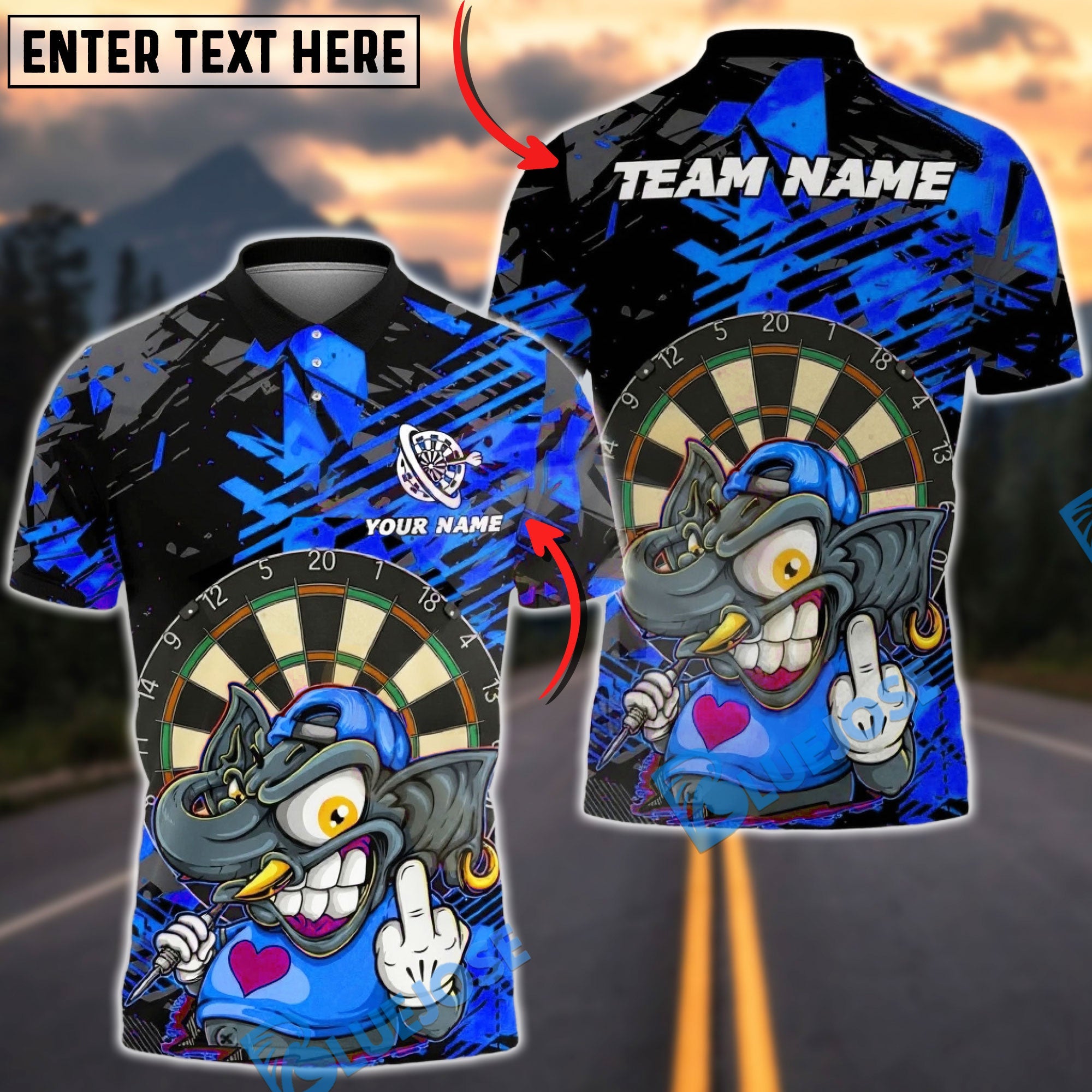 BlueJose Darts Street Art Monster Elephant Character Dartboard Design Multicolor Options Personalized Name Shirt (4 Colors)