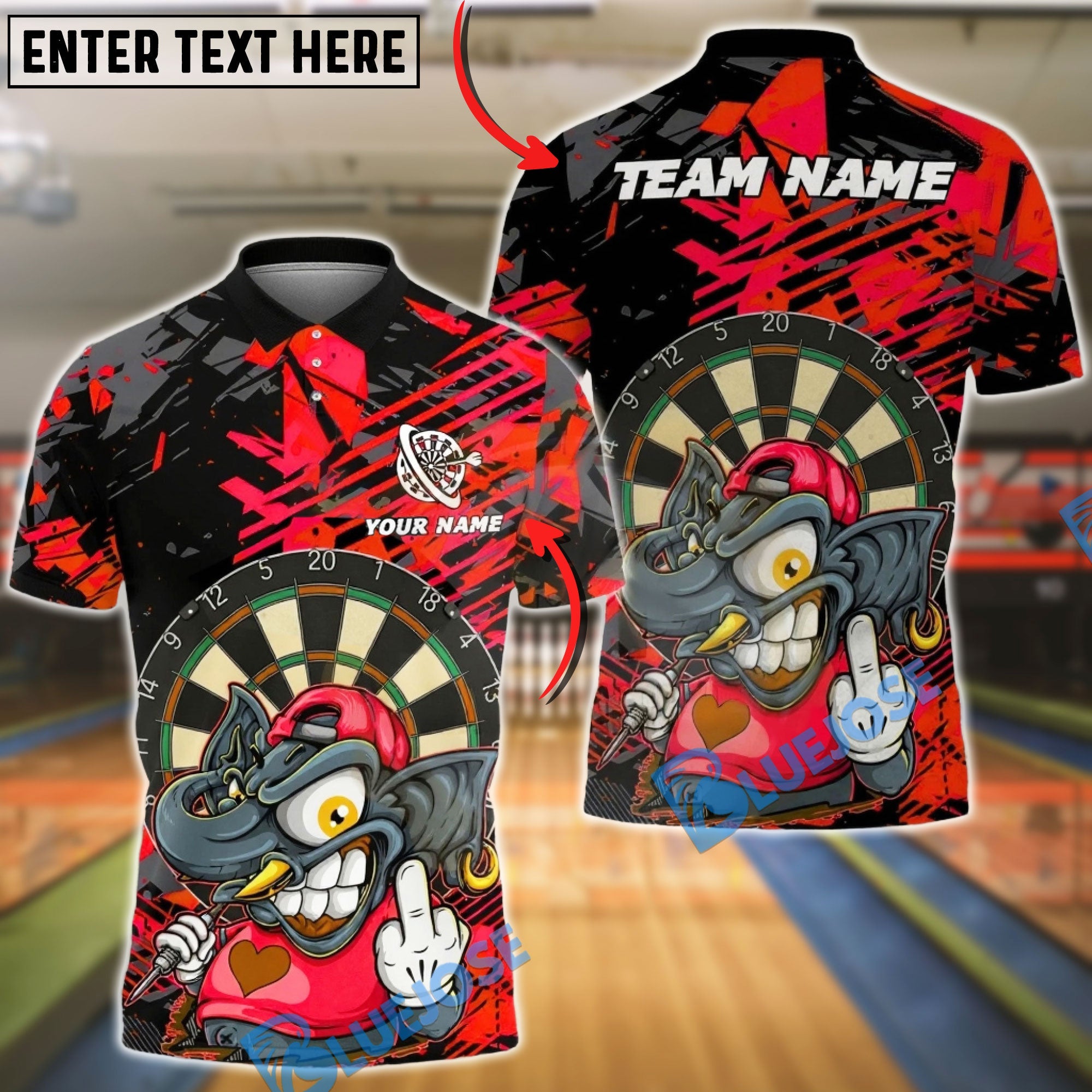 BlueJose Darts Street Art Monster Elephant Character Dartboard Design Multicolor Options Personalized Name Shirt (4 Colors)