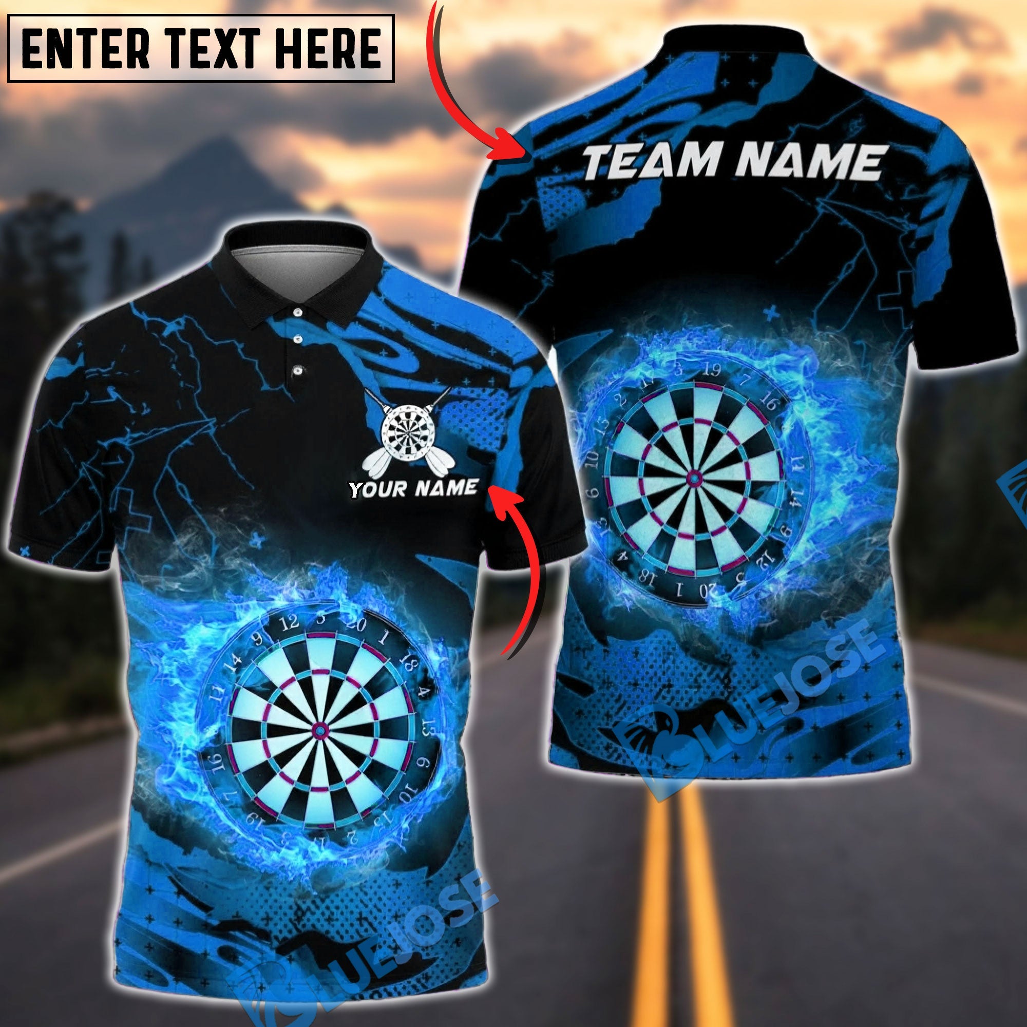 BlueJose Darts Flaming Board Heat Effect Multicolor Options Personalized Name Shirt (4 Colors)
