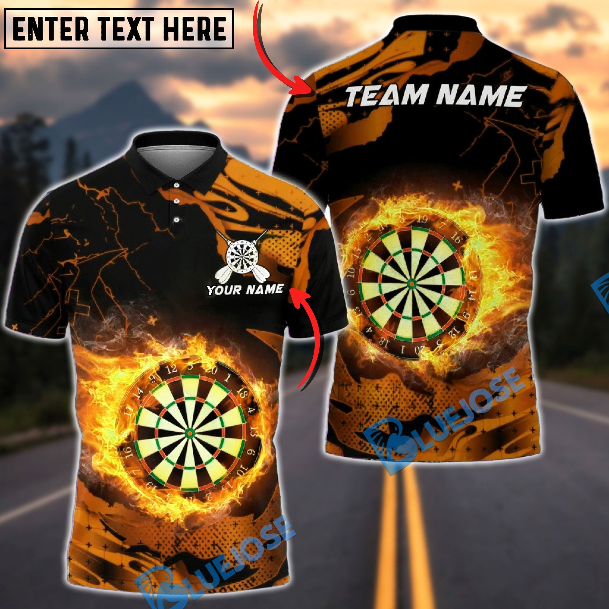 BlueJose Darts Flaming Board Heat Effect Multicolor Options Personalized Name Shirt (4 Colors)