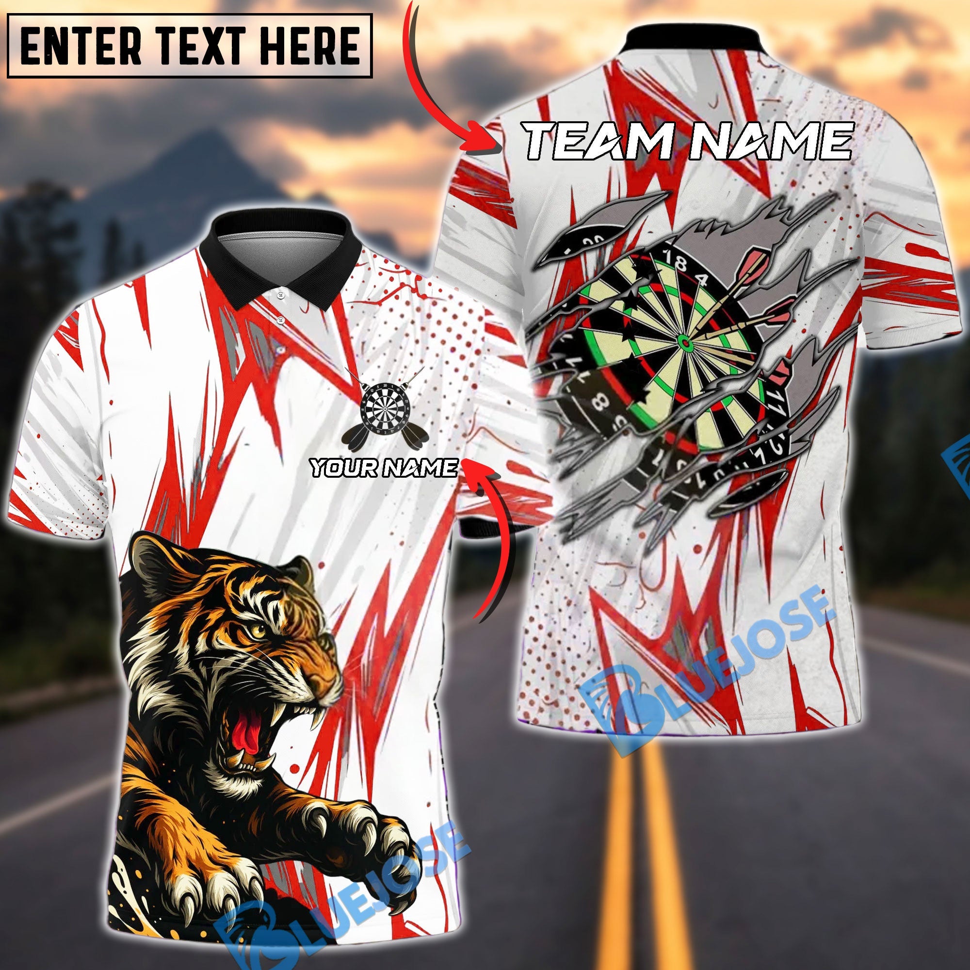 BlueJose Darts Fierce Tiger Speed Burst Multicolor Options Personalized Name Shirt (4 Colors)