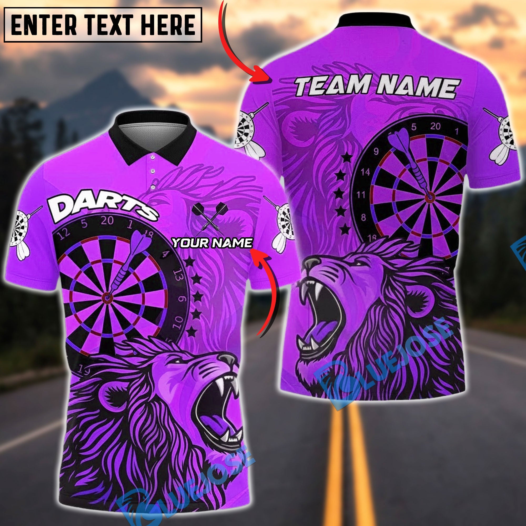 BlueJose Darts Roaring Lion Dual Board Gradient Multicolor Options Personalized Name Shirt (4 Colors)
