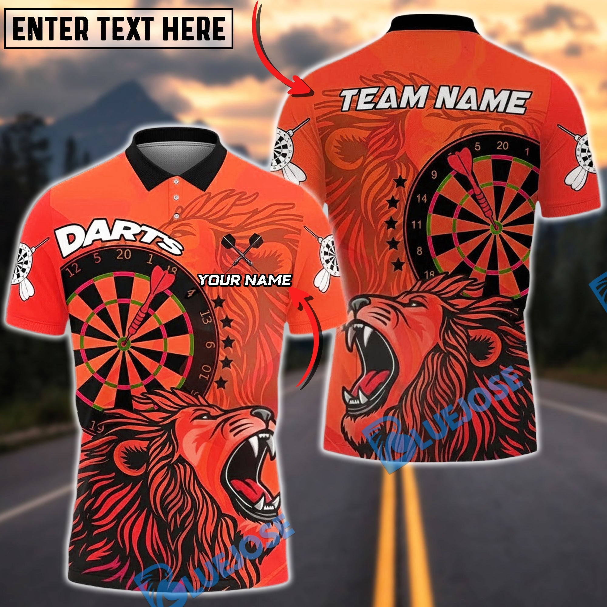 BlueJose Darts Roaring Lion Dual Board Gradient Multicolor Options Personalized Name Shirt (4 Colors)