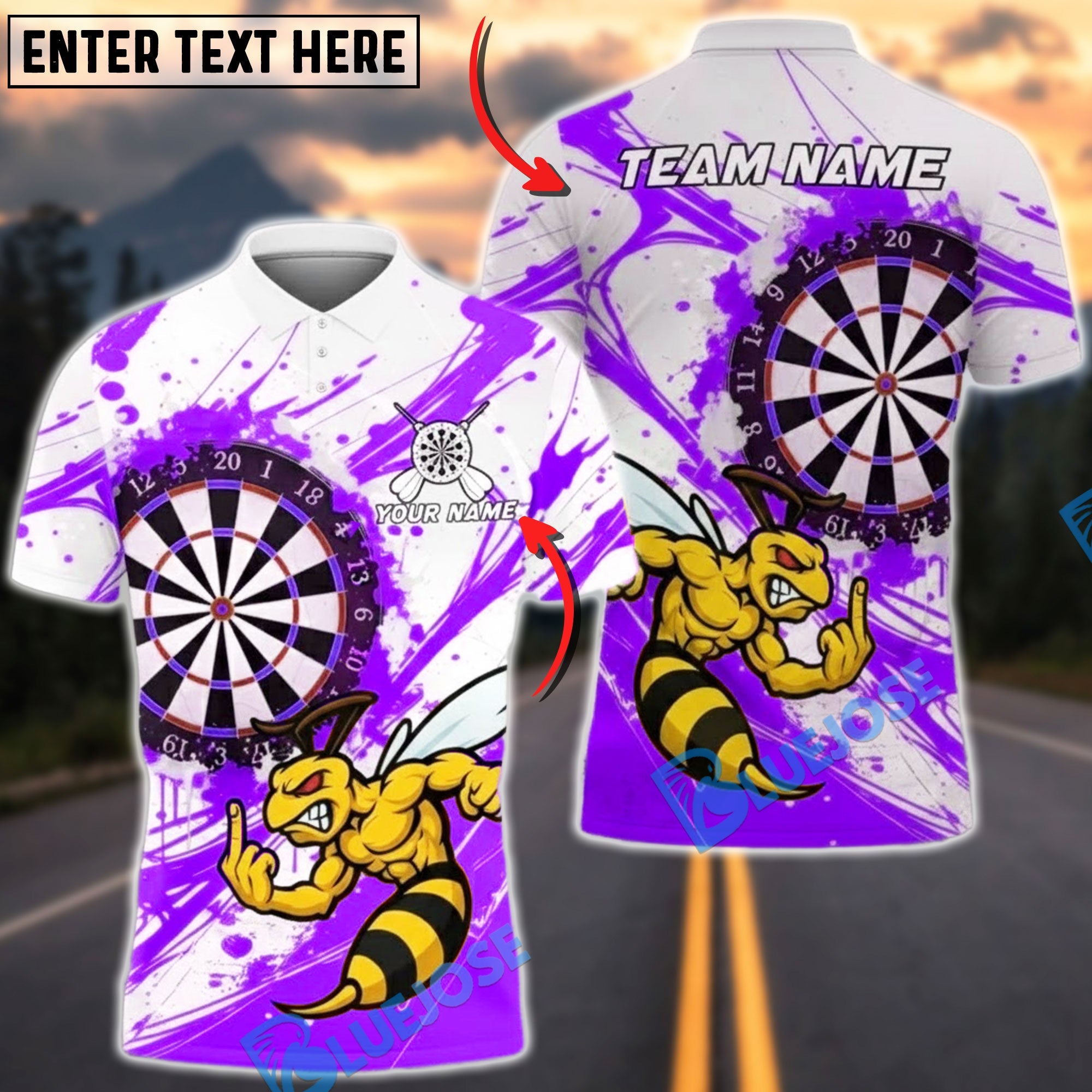 BlueJose Darts Angry Hornet Mascot Paint Splash Multicolor Options Personalized Name Shirt (4 Colors)