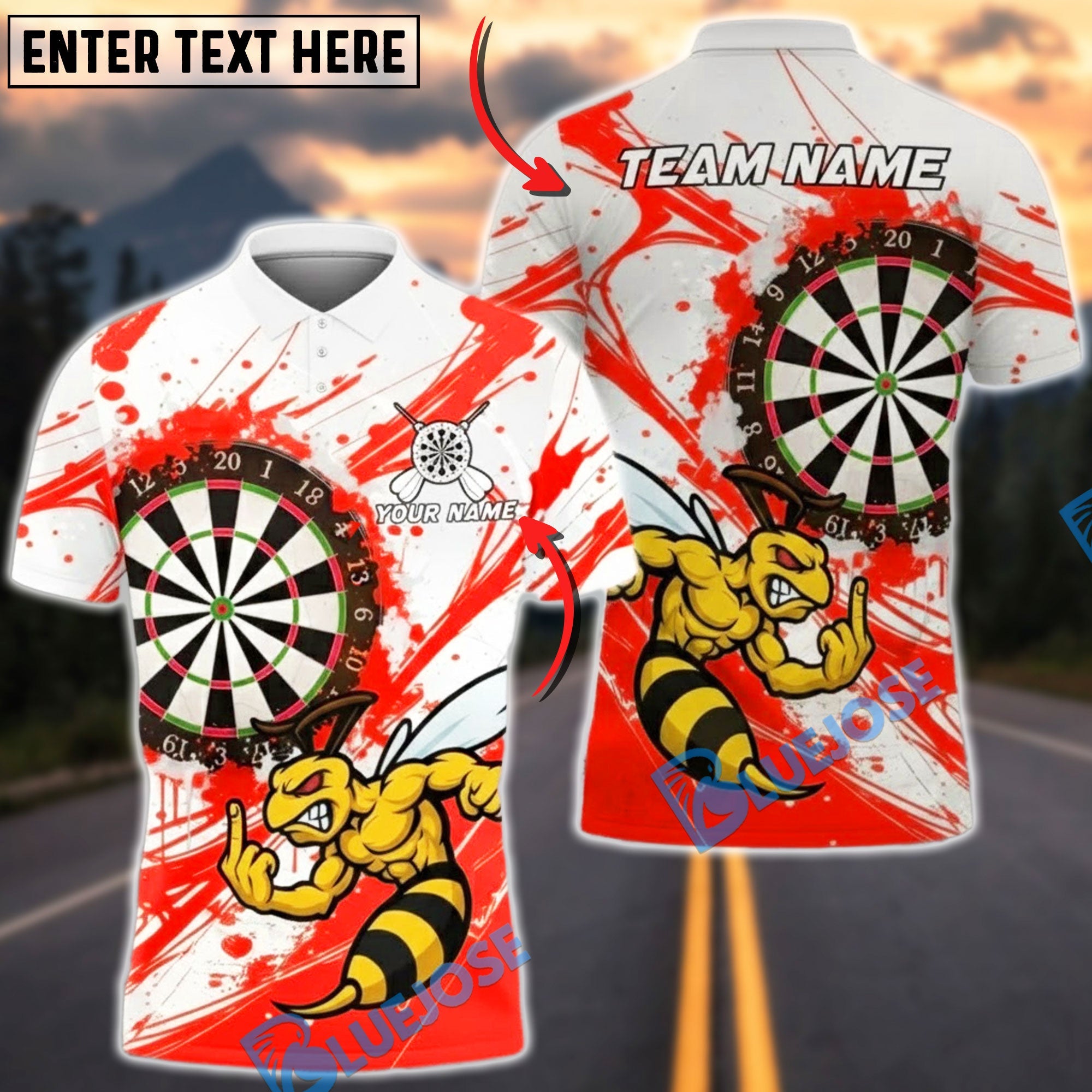 BlueJose Darts Angry Hornet Mascot Paint Splash Multicolor Options Personalized Name Shirt (4 Colors)