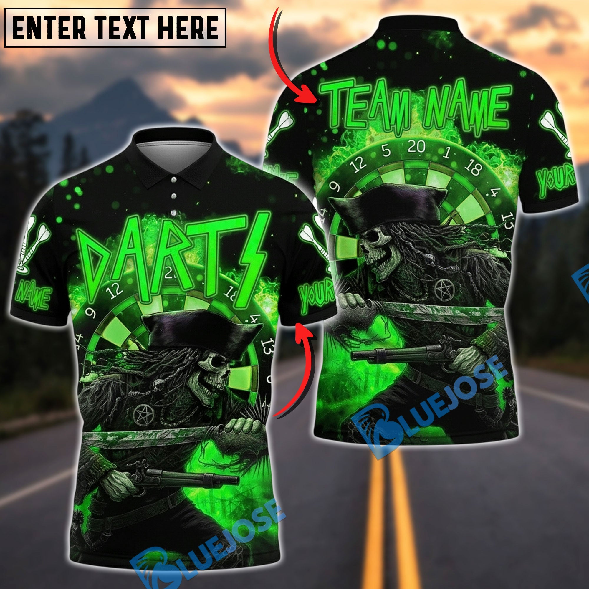BlueJose Darts Pirate Skeleton Fire Battle Customized Name, Team Name 3D Shirt (4 Colors)