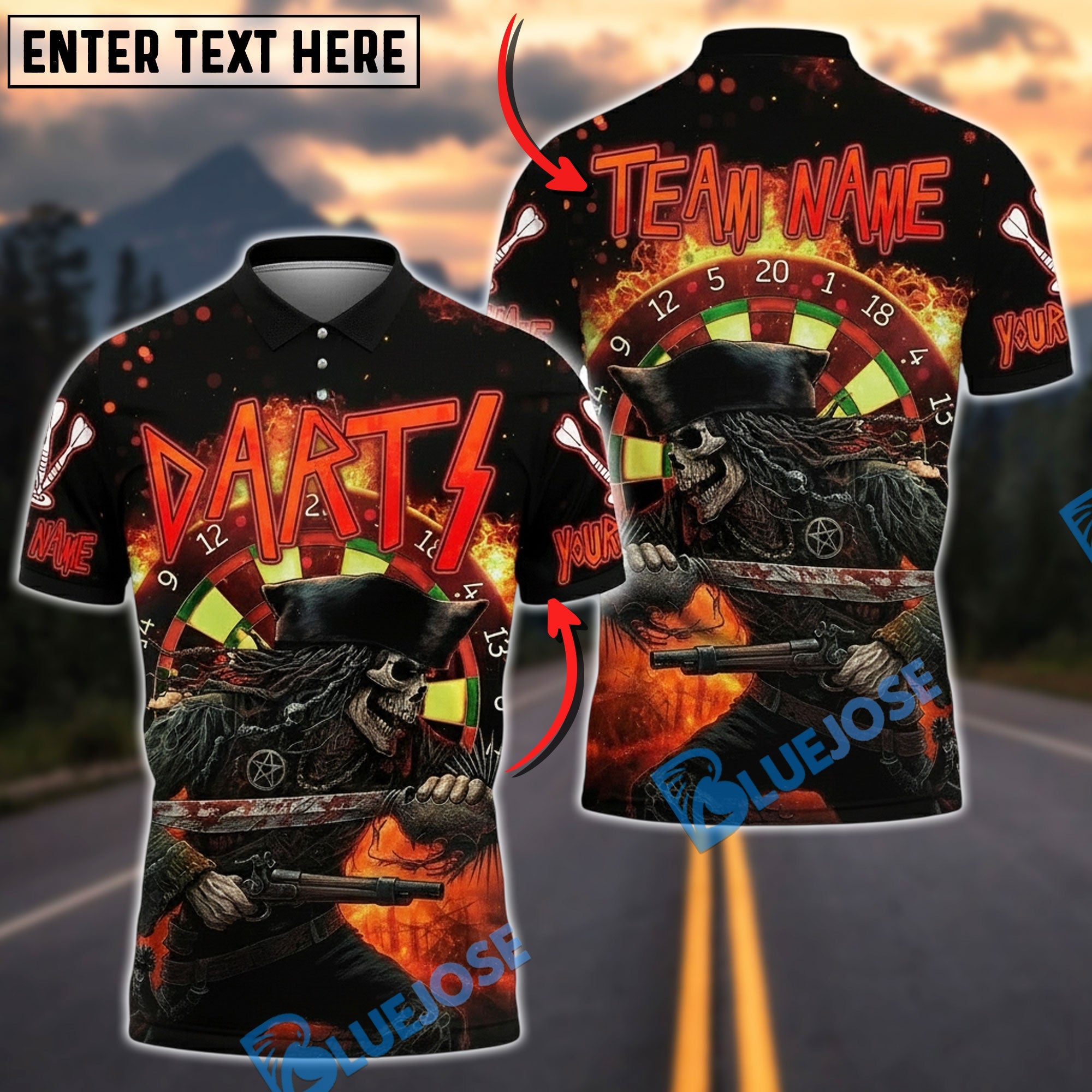 BlueJose Darts Pirate Skeleton Fire Battle Customized Name, Team Name 3D Shirt (4 Colors)