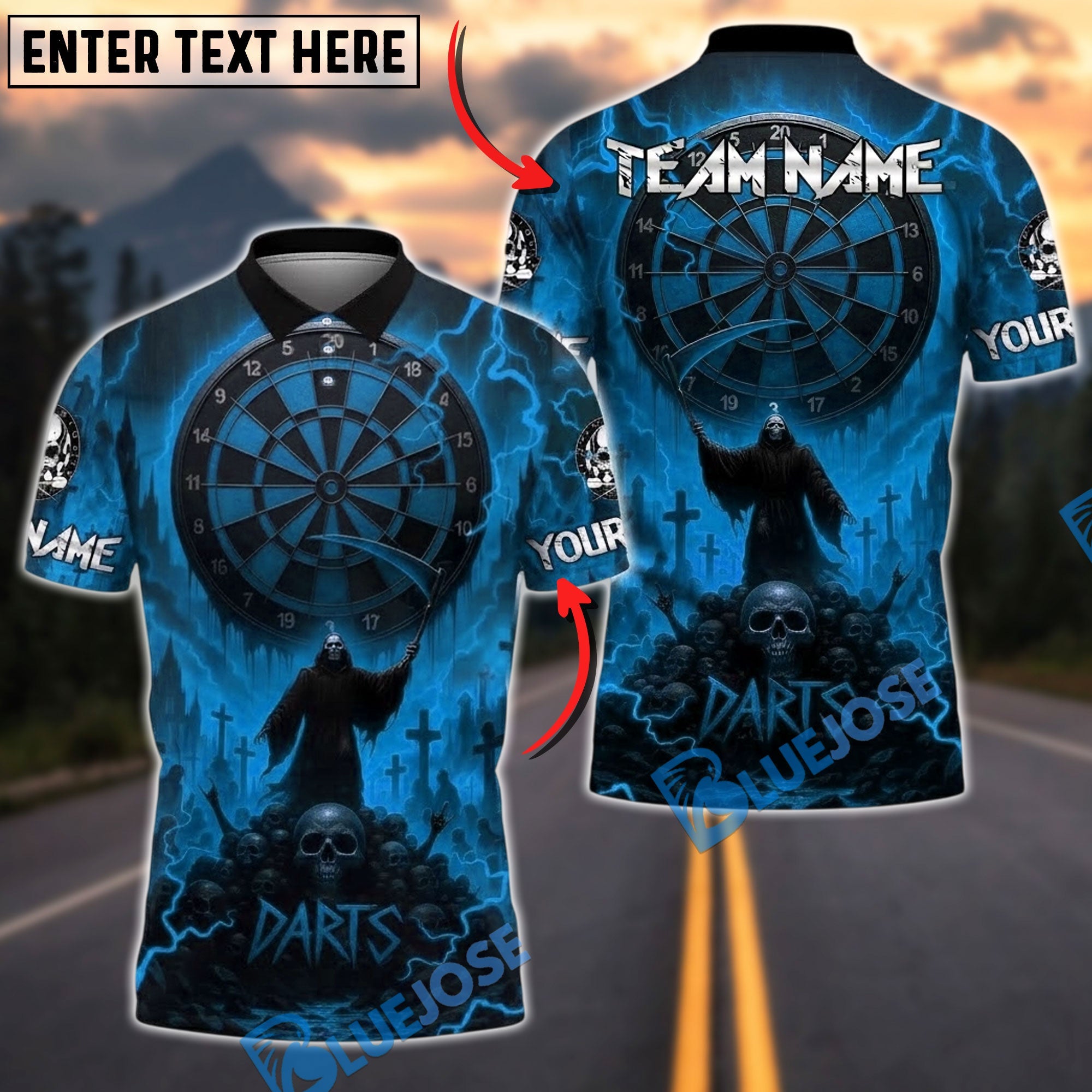 BlueJose Darts Red Reaper Cemetery Customized Name, Team Name 3D Shirt (4 Colors)