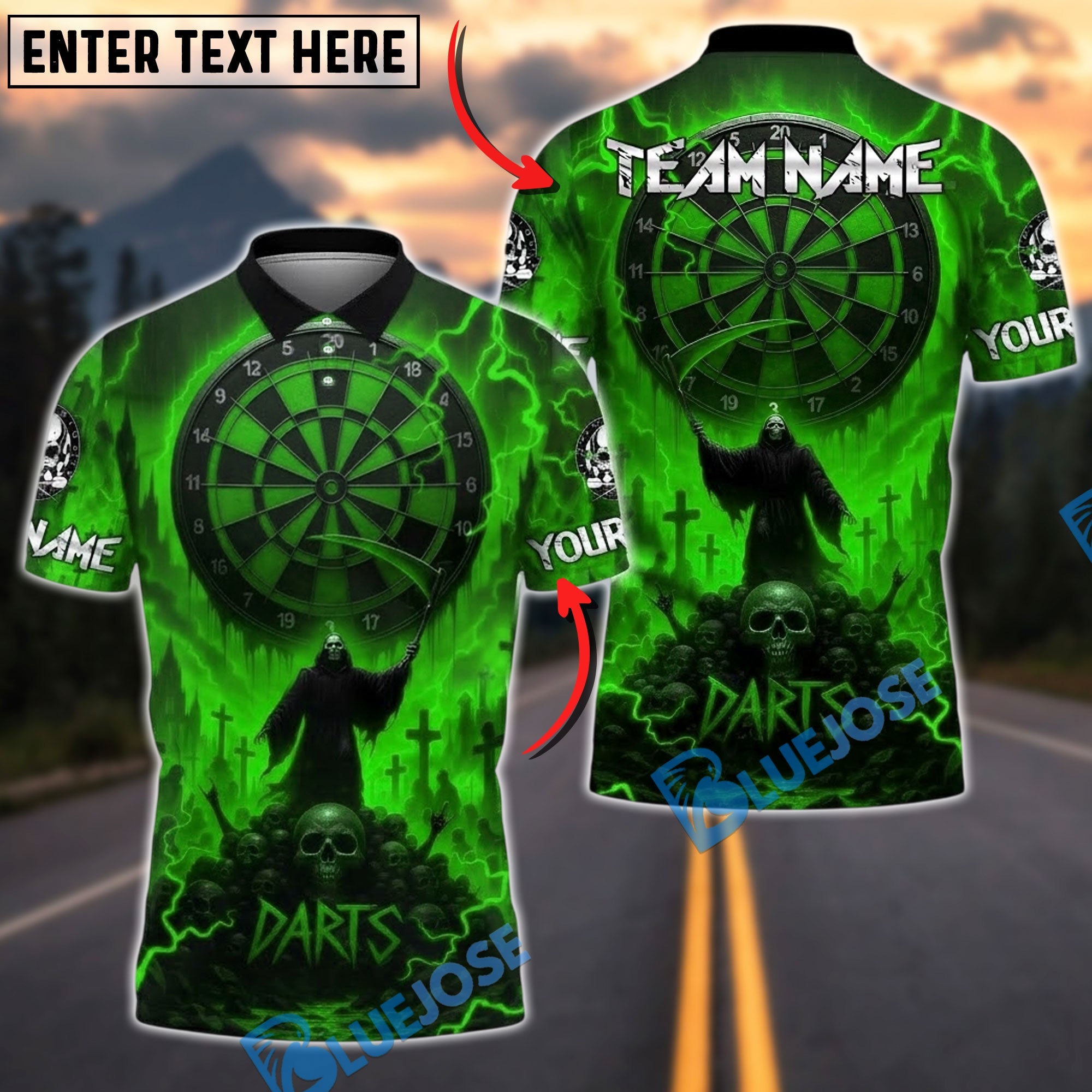 BlueJose Darts Red Reaper Cemetery Customized Name, Team Name 3D Shirt (4 Colors)
