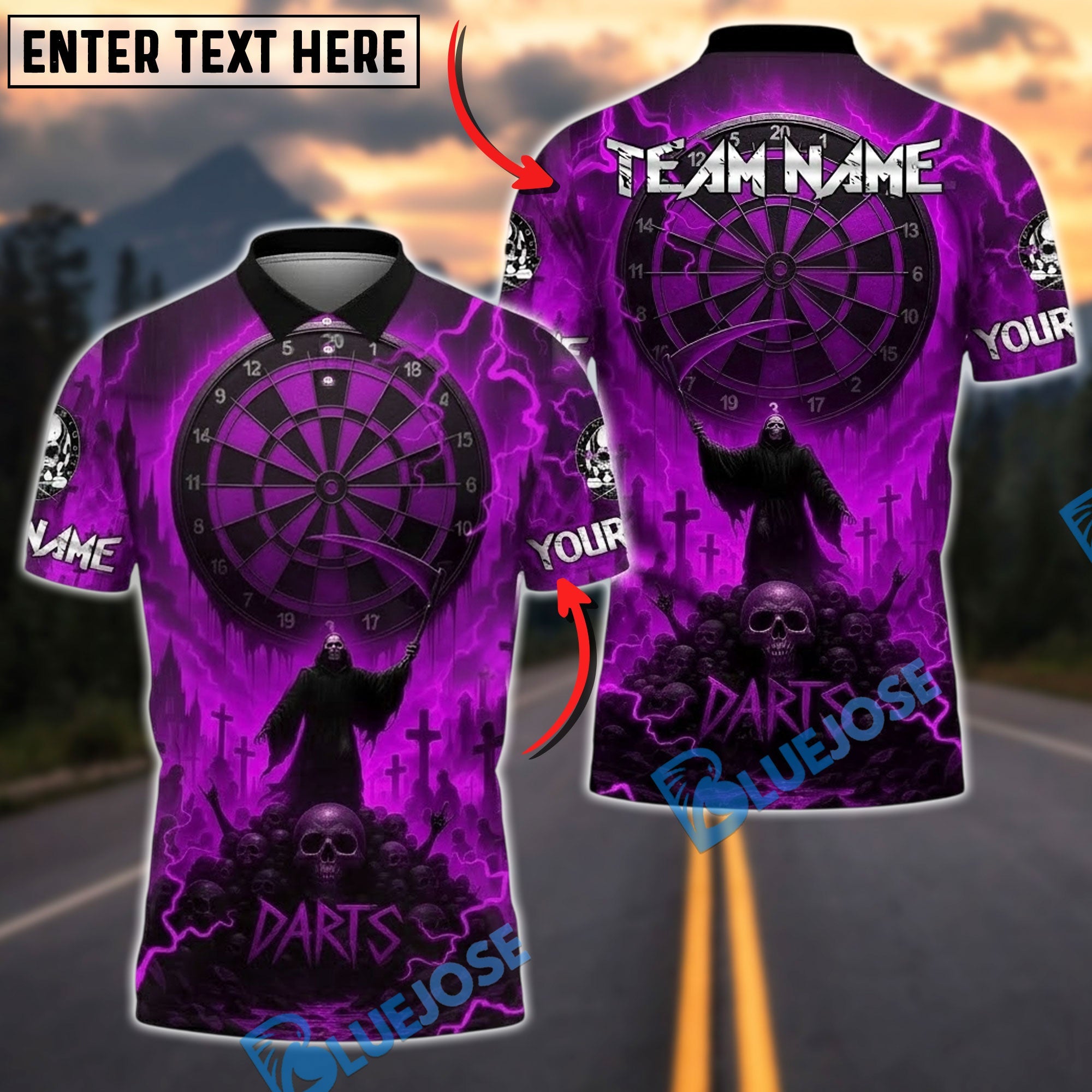 BlueJose Darts Red Reaper Cemetery Customized Name, Team Name 3D Shirt (4 Colors)