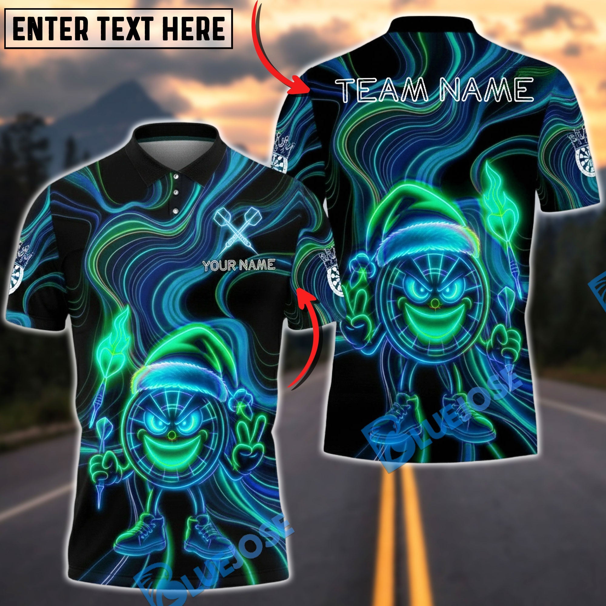 BlueJose Darts Neon Xmas Dartboard Character Fire Glow Multicolor Options Personalized Name Shirt (4 Colors)