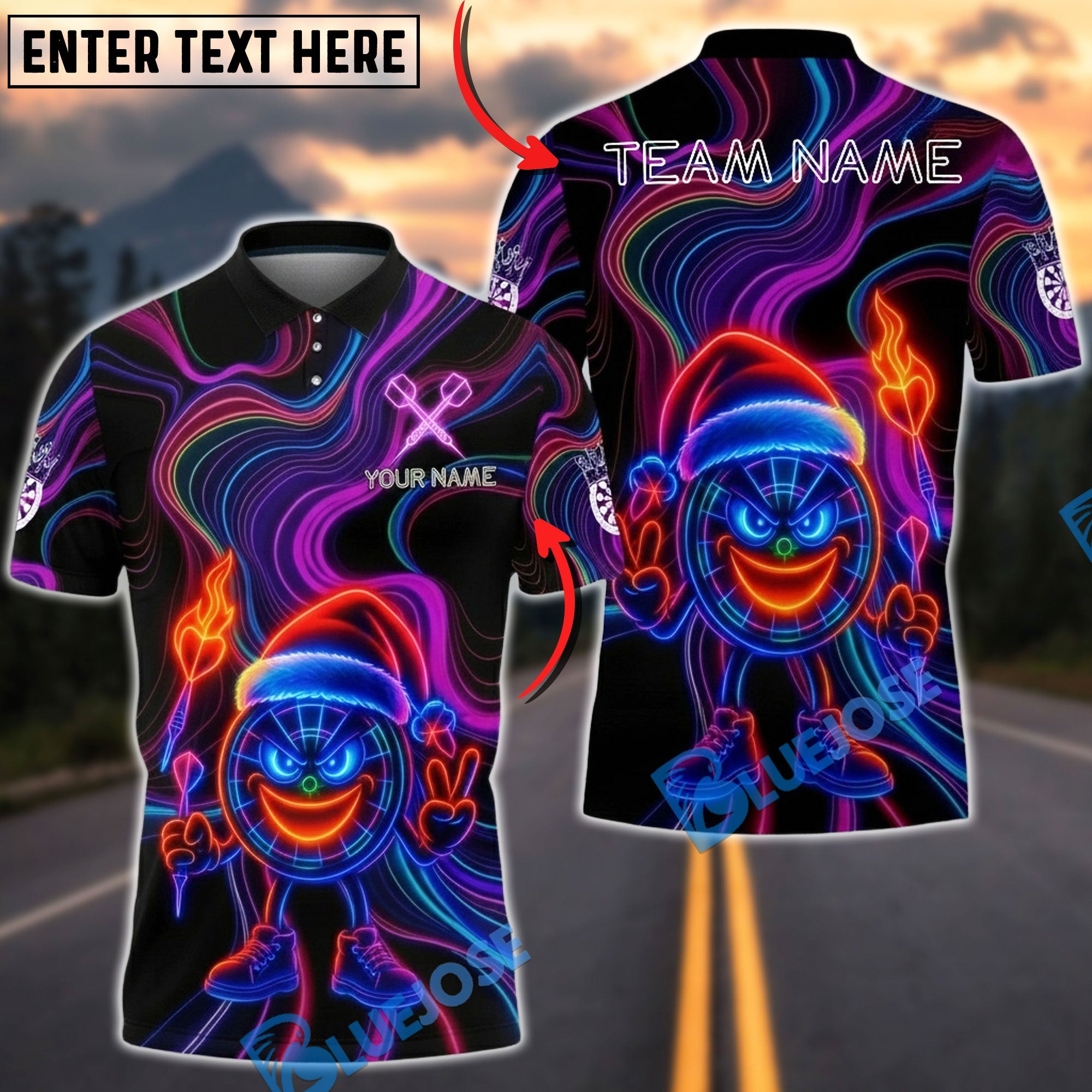 BlueJose Darts Neon Xmas Dartboard Character Fire Glow Multicolor Options Personalized Name Shirt (4 Colors)