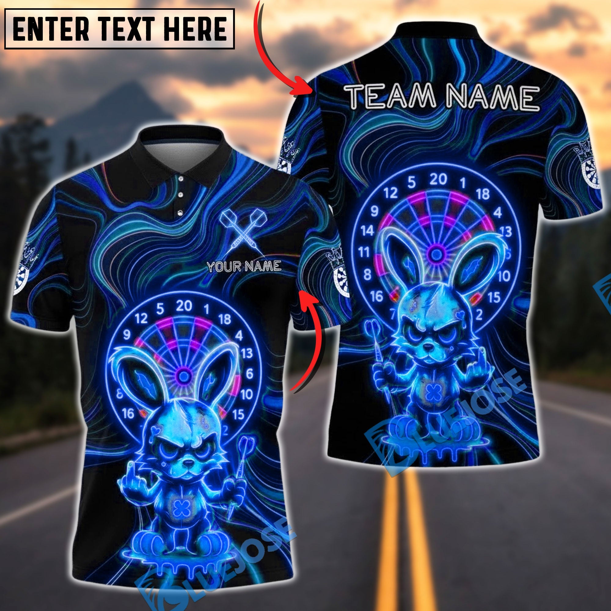 BlueJose Darts Neon Angry Bunny Dartboard Intense Glow Multicolor Options Personalized Name Shirt (4 Colors)