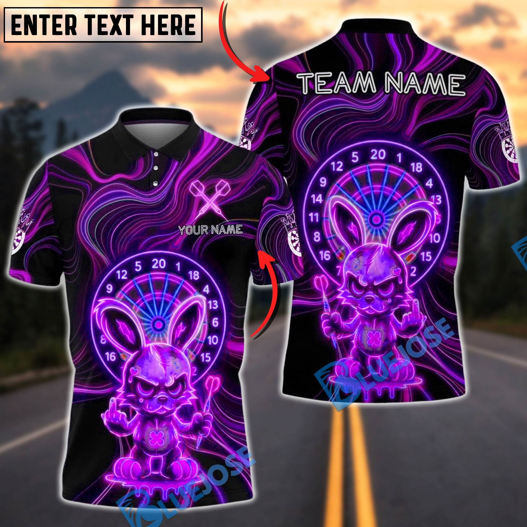 BlueJose Darts Neon Angry Bunny Dartboard Intense Glow Multicolor Options Personalized Name Shirt (4 Colors)